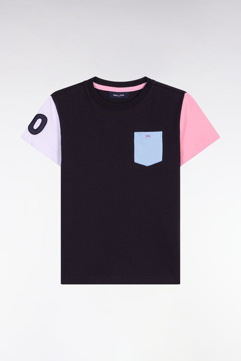 T-shirt à manches courtes en coton marine à manches bicolore coupe droite - Image 1