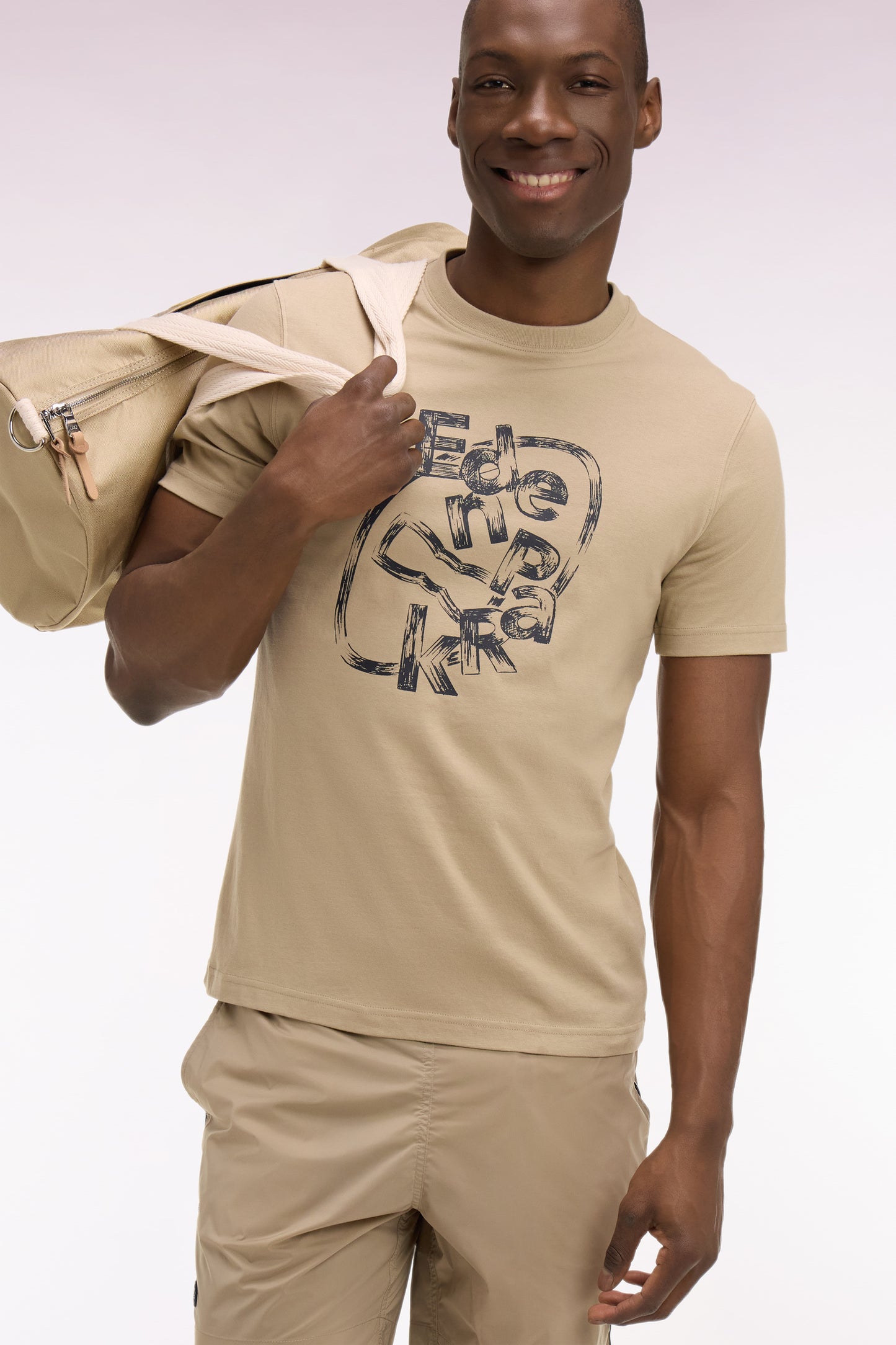 T-shirt à manches courtes en coton beige sérigraphié coupe regular