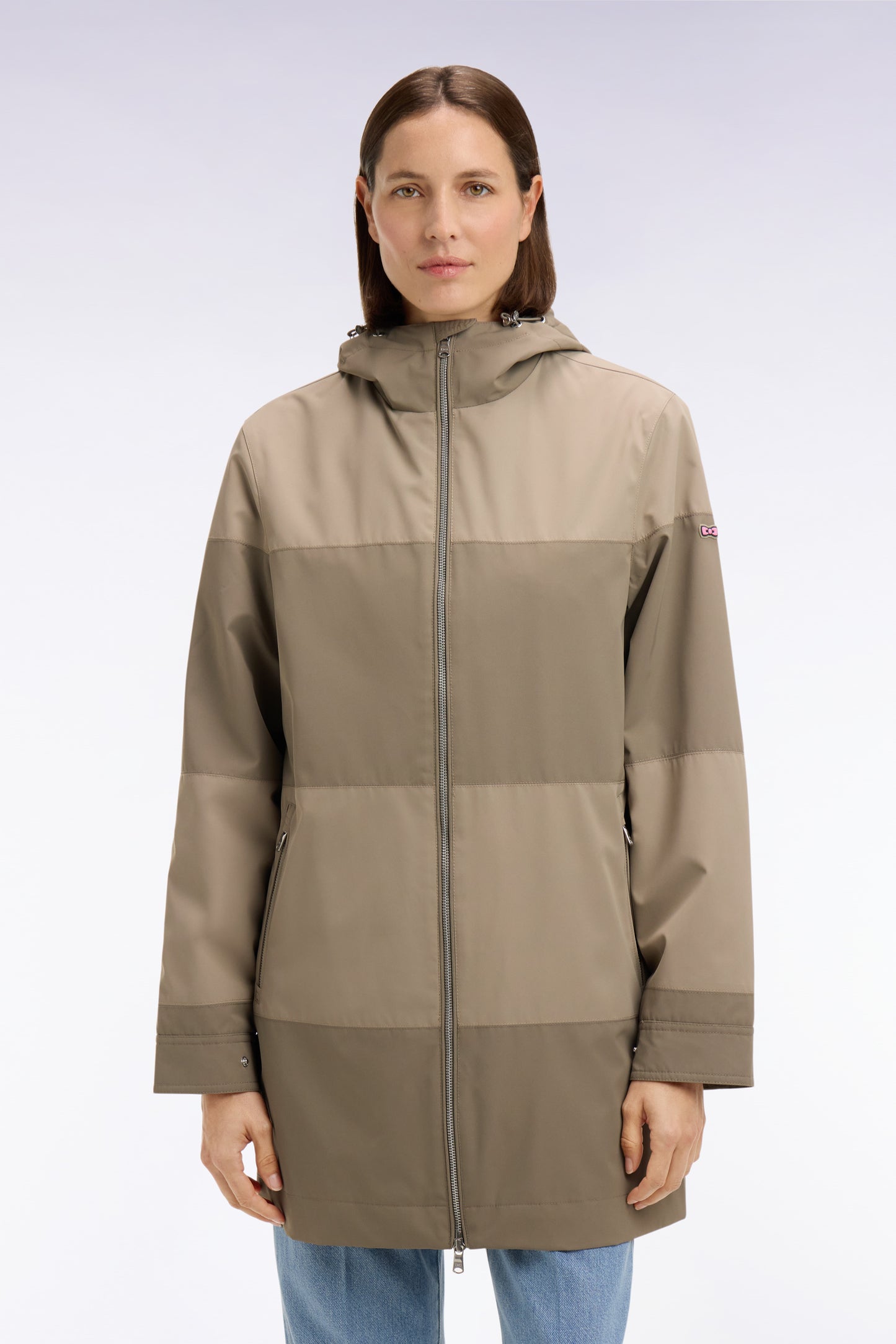 Parka longue kaki à rayures camaïeu et capuche intégrée