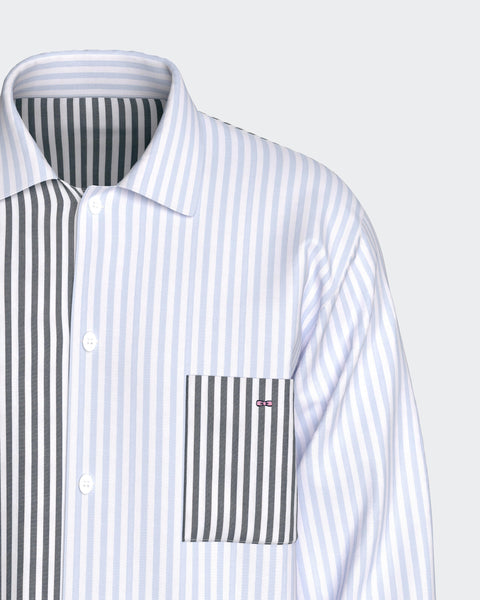 Pyjama long en coton à rayures bicolores bleu ciel et marine - Image 2