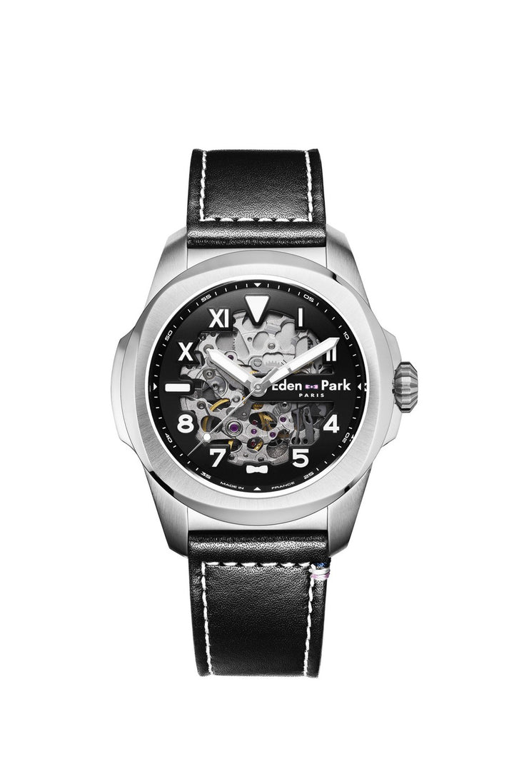 Montre automatique skeleton en cuir noir