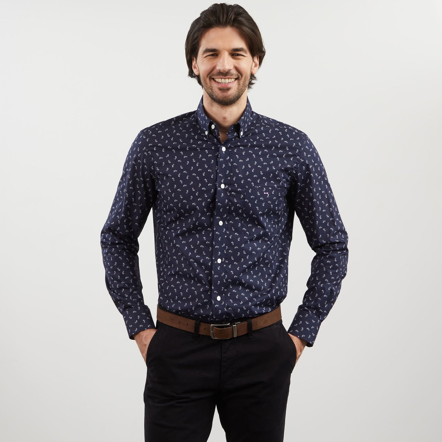 Chemise bleu marine en coton Pima imprimé exclusif