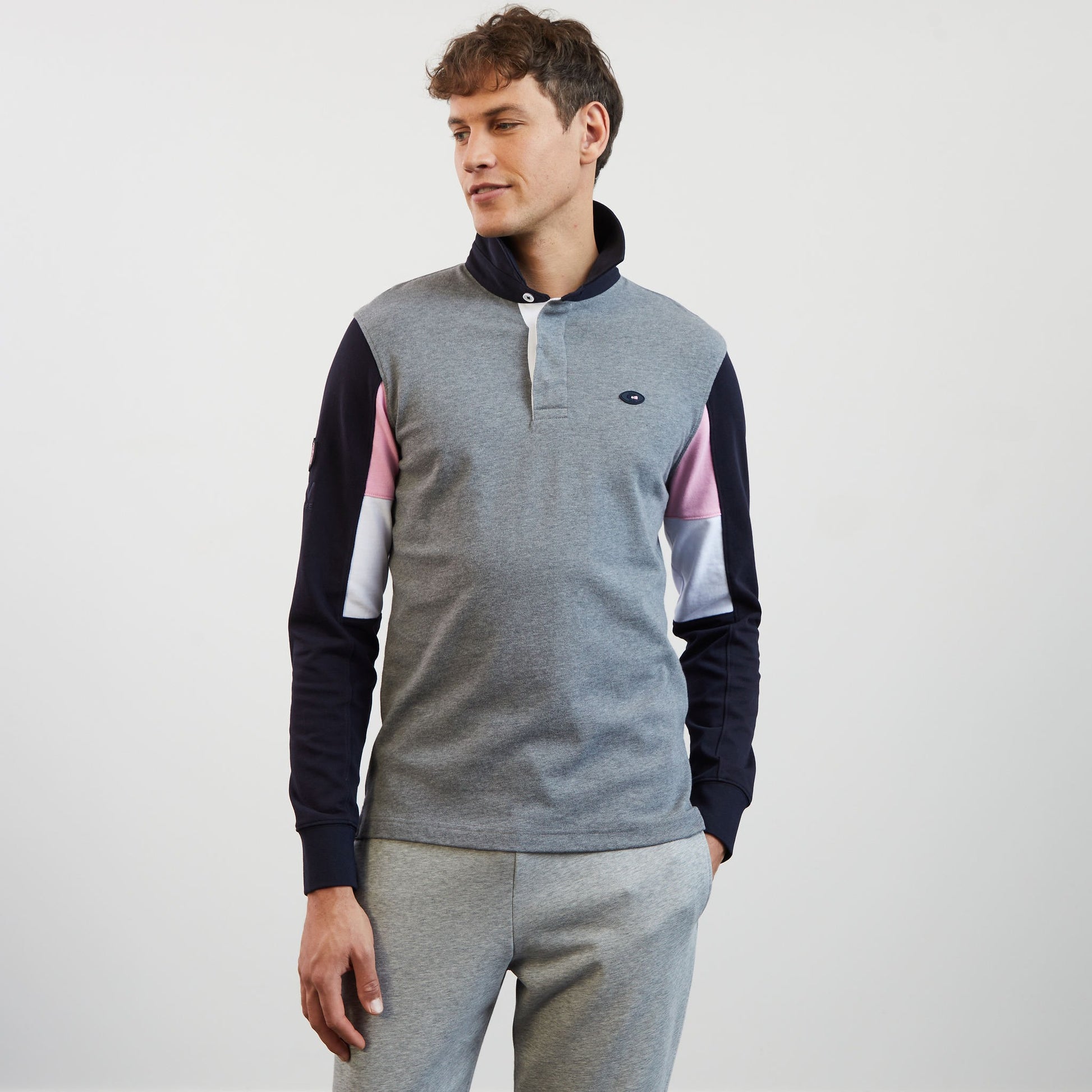 Grey long-sleeved colourblock rugby shirt
