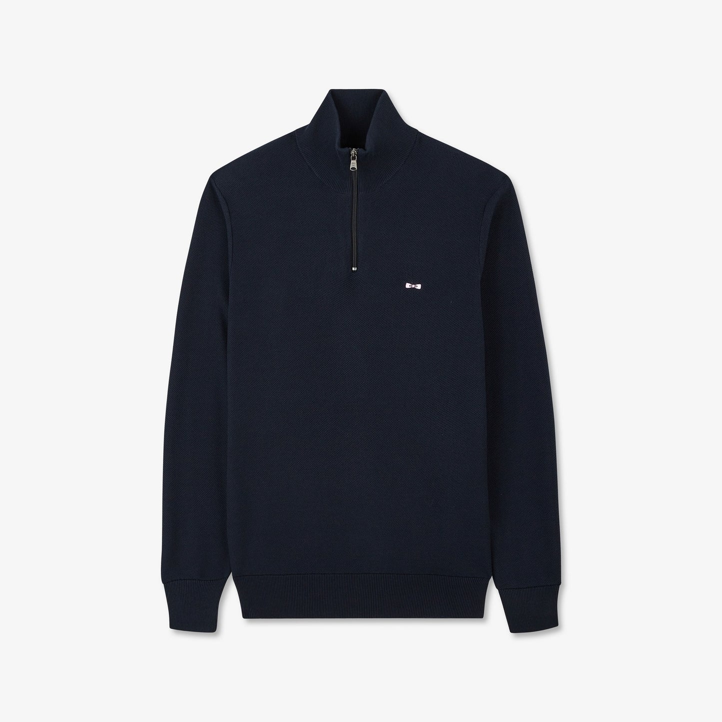 Dark blue zip-neck jumper in decorative cable knit