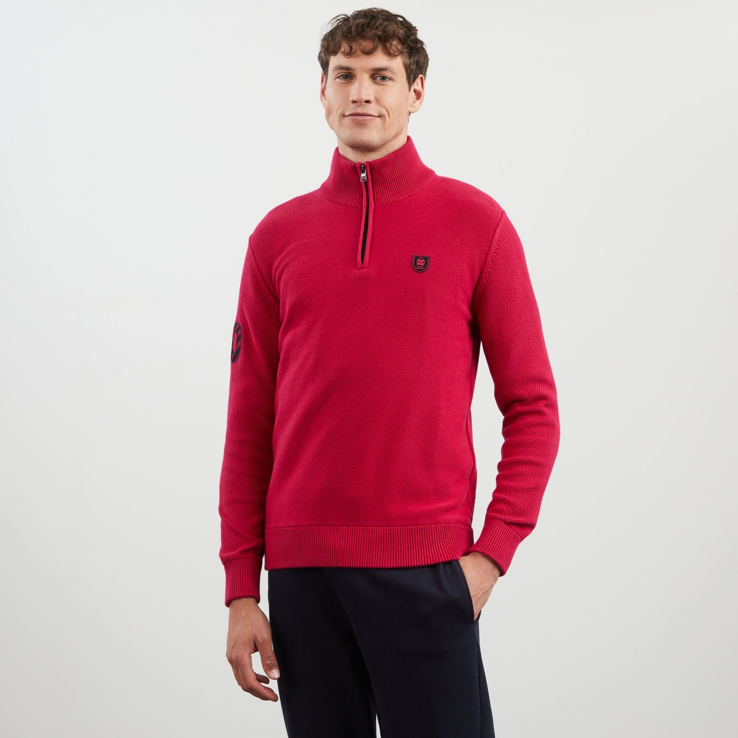 Dark pink zip-neck jumper with no. 10 embroidery