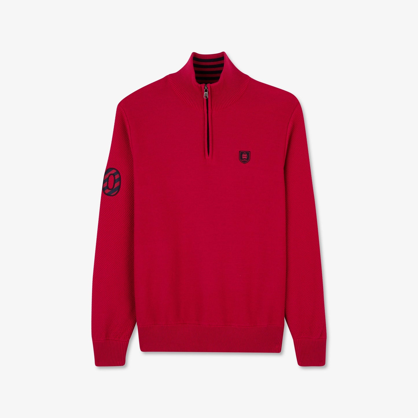 Dark pink zip-neck jumper with no. 10 embroidery