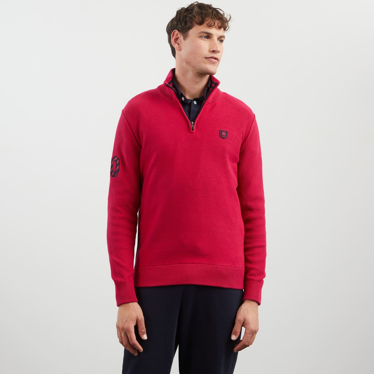 Dark pink zip-neck jumper with no. 10 embroidery