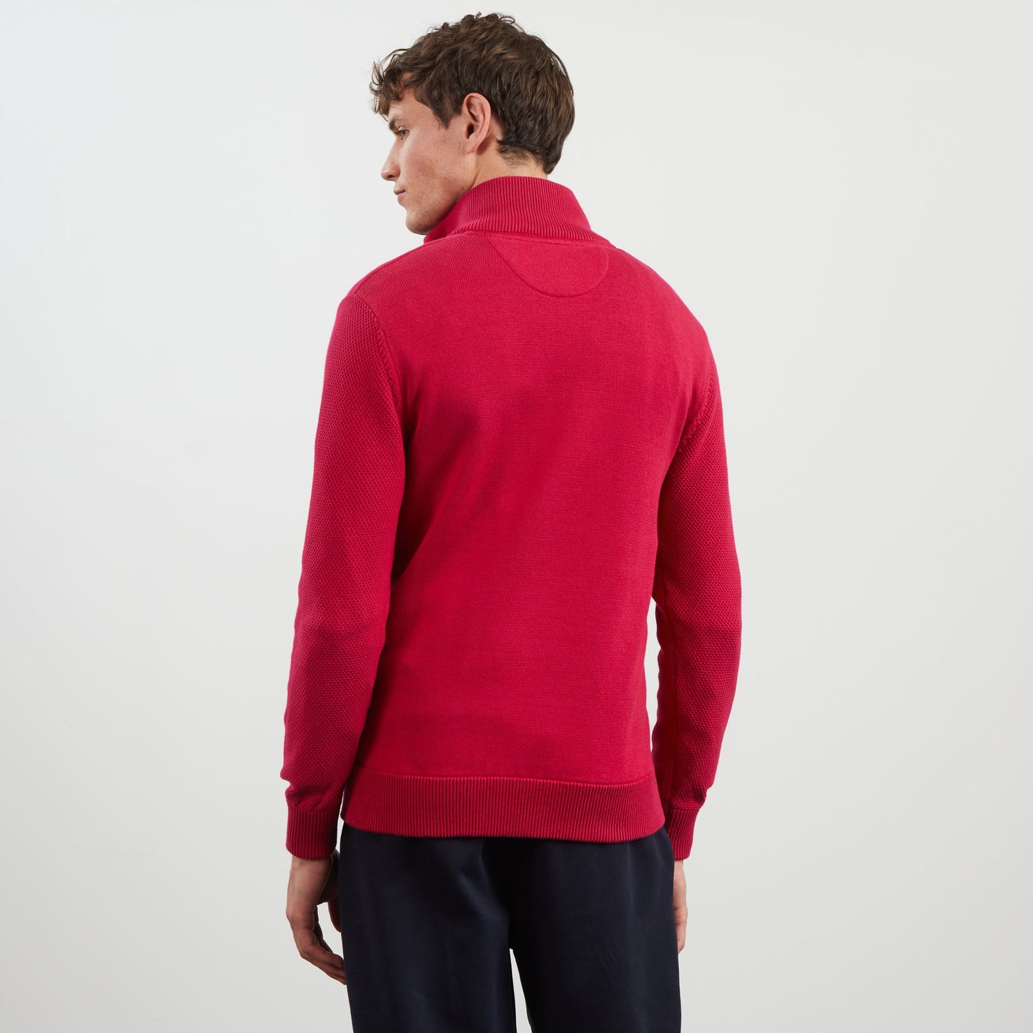 Dark pink zip-neck jumper with no. 10 embroidery