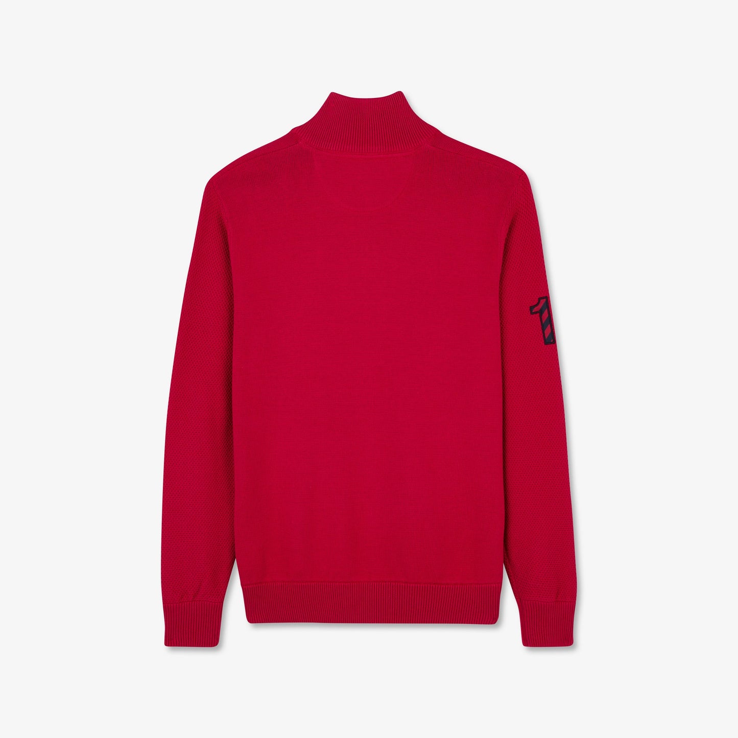 Dark pink zip-neck jumper with no. 10 embroidery