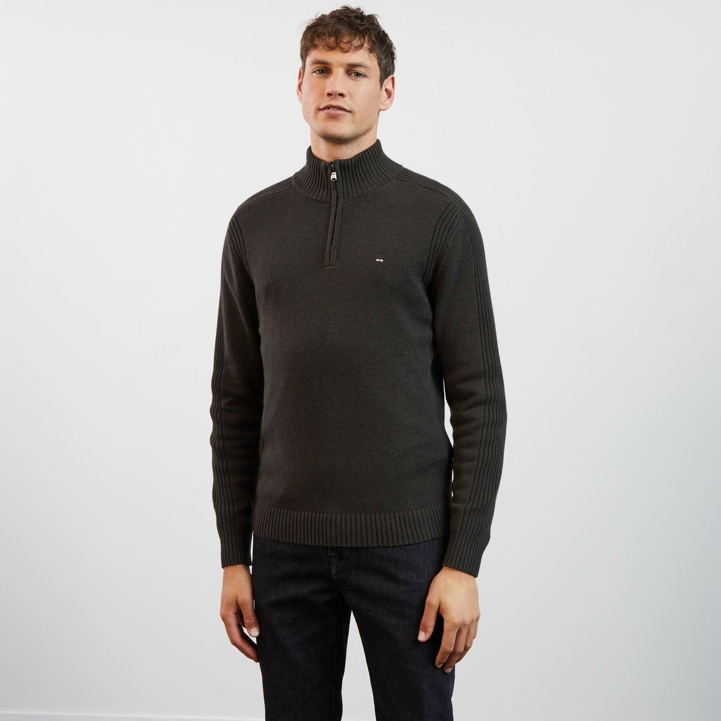 Khaki zip-neck jumper in combination knit
