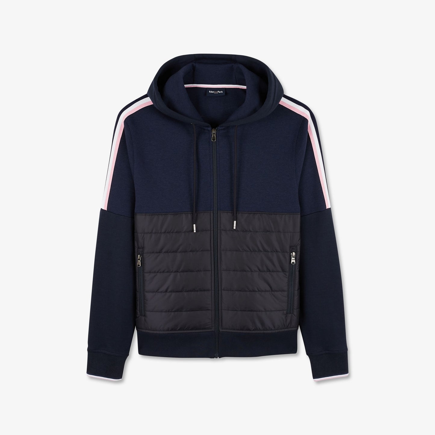 Sweat bleu foncé bimatière à détails tricolores