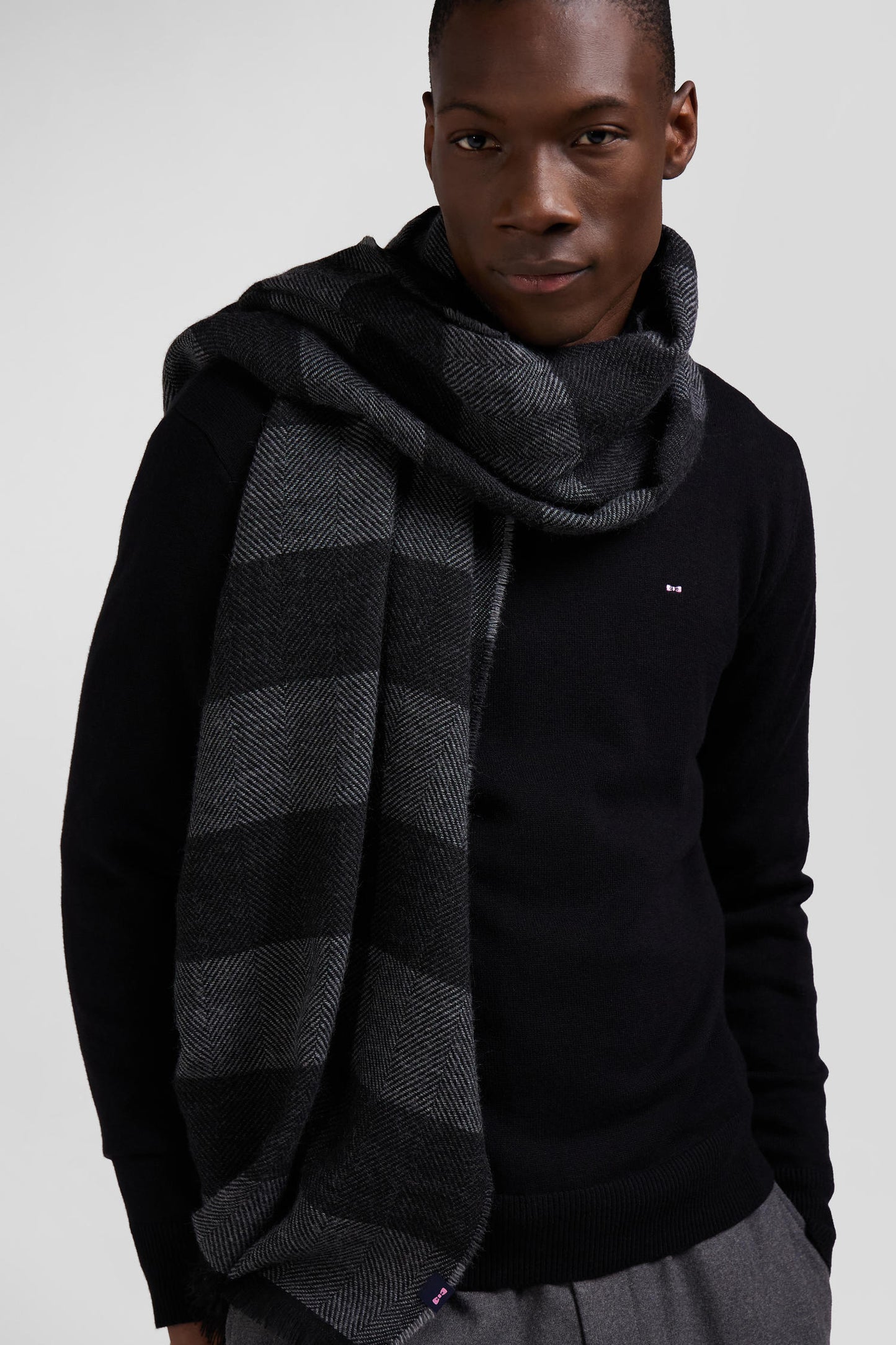 Anthracite grey striped mixed wool large scarf