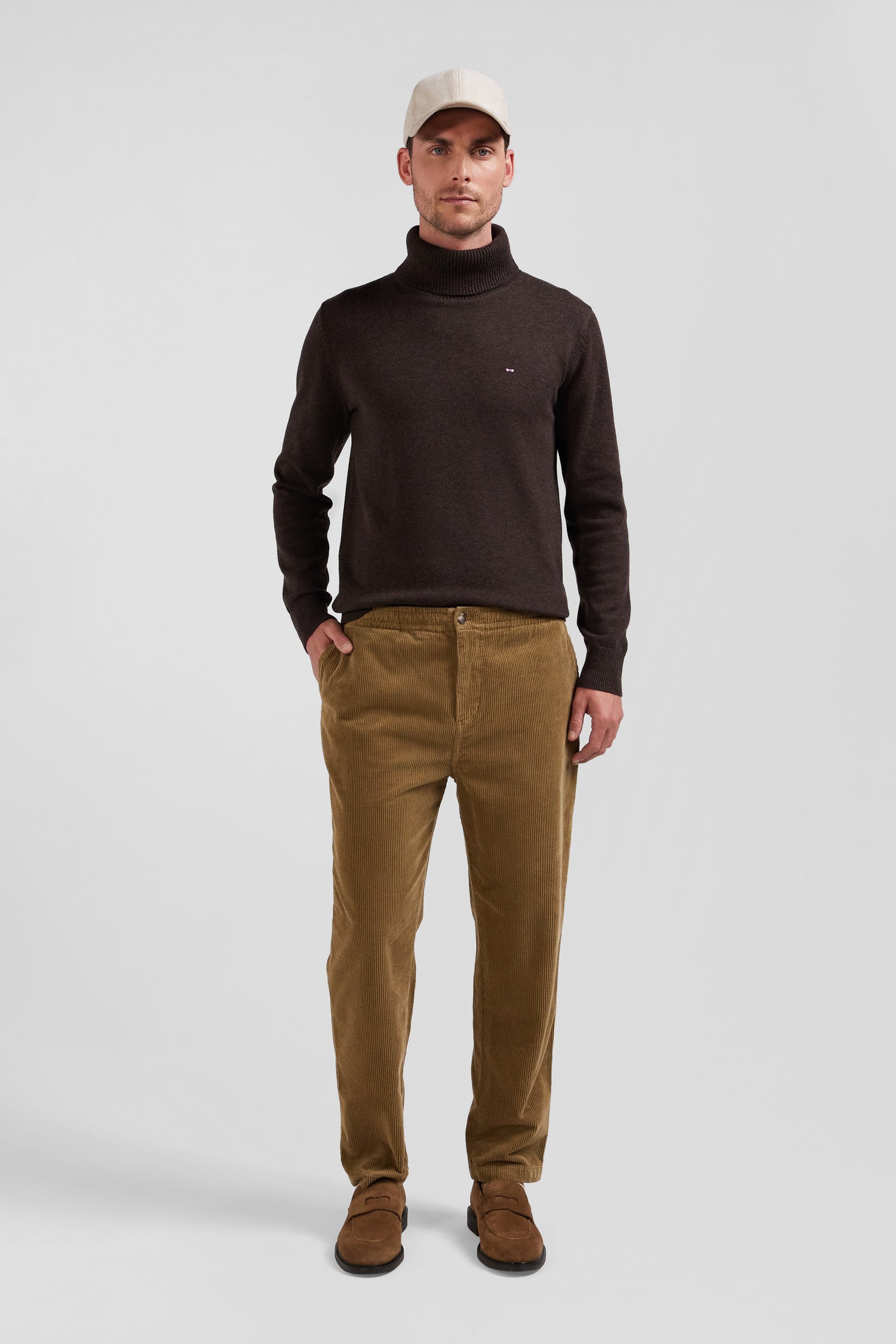 Pantalon à taille élastiquée en coton stretch camel coupe Modern