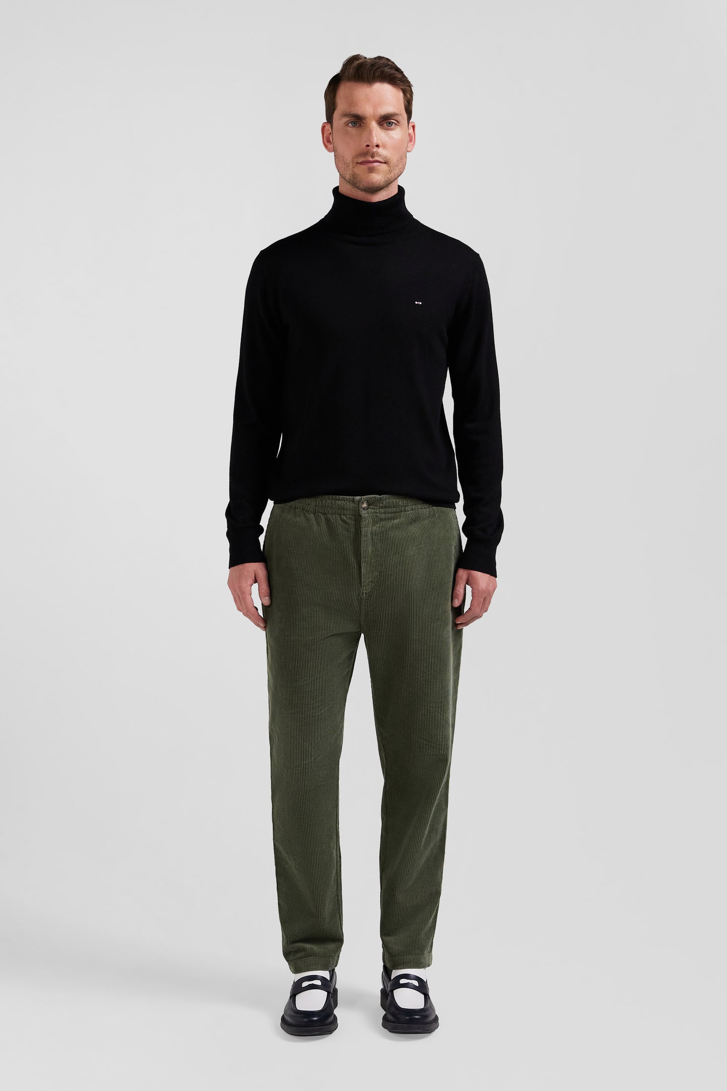 Modern khaki stretch cotton elastic waist trousers