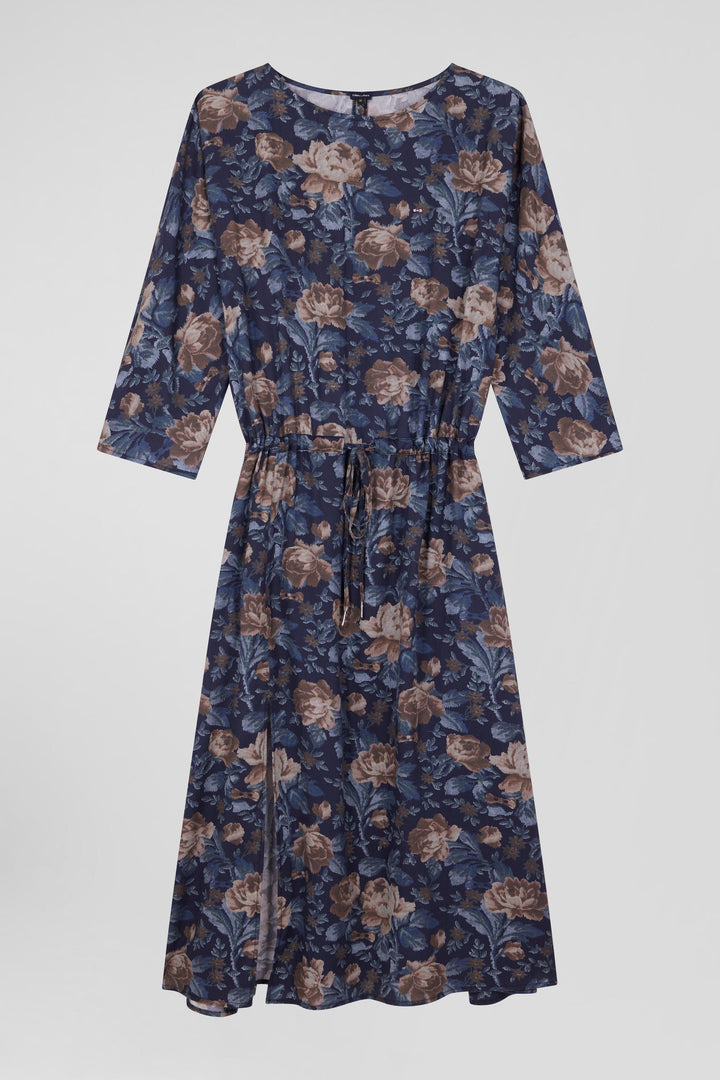 Robe en lyocell bleu marine manches longues à imprimé floral