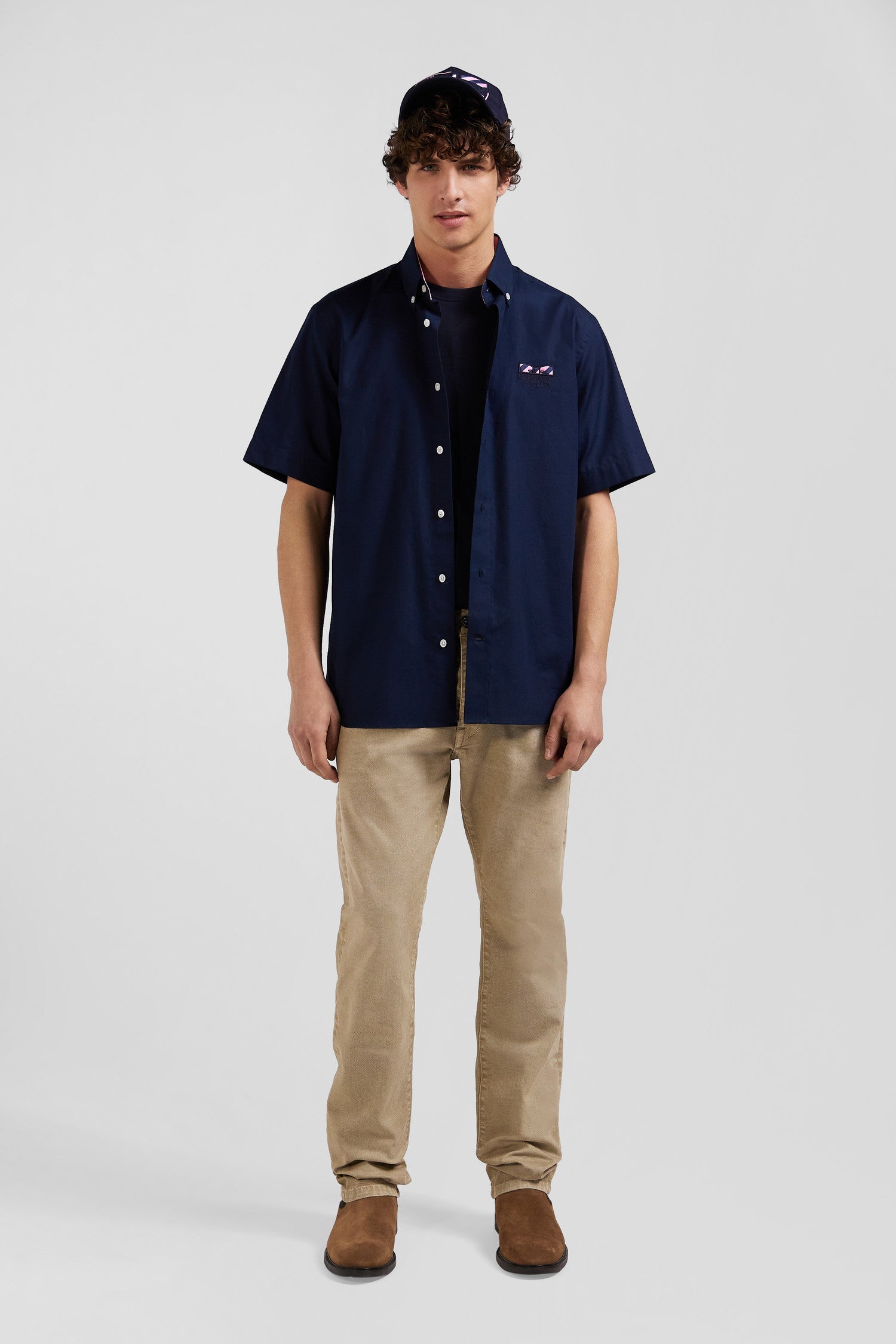 Regular navy blue cotton poplin short-sleeved shirt with microprint