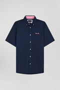 Regular navy blue cotton poplin short-sleeved shirt with microprint