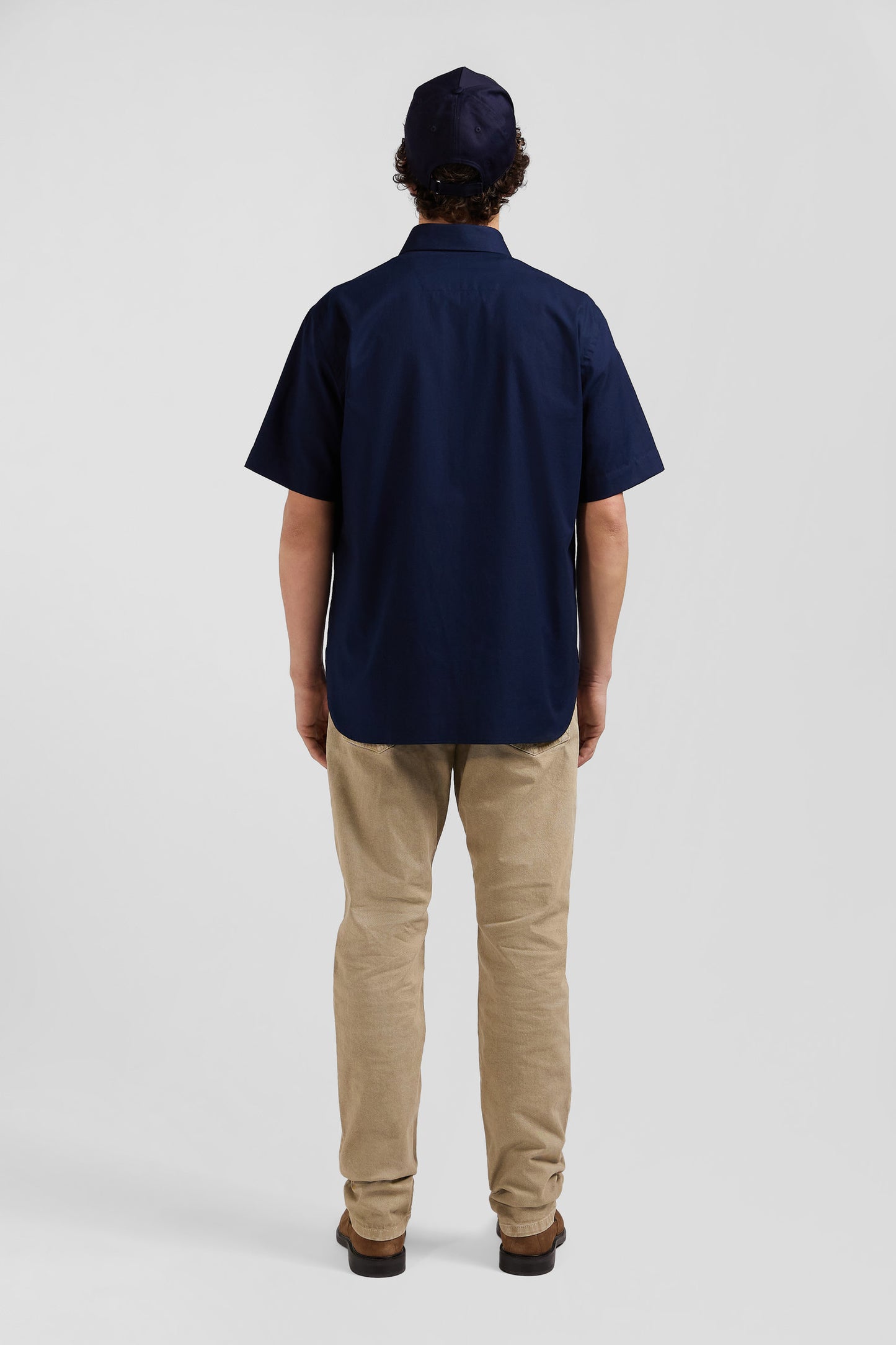 Regular navy blue cotton poplin short-sleeved shirt with microprint