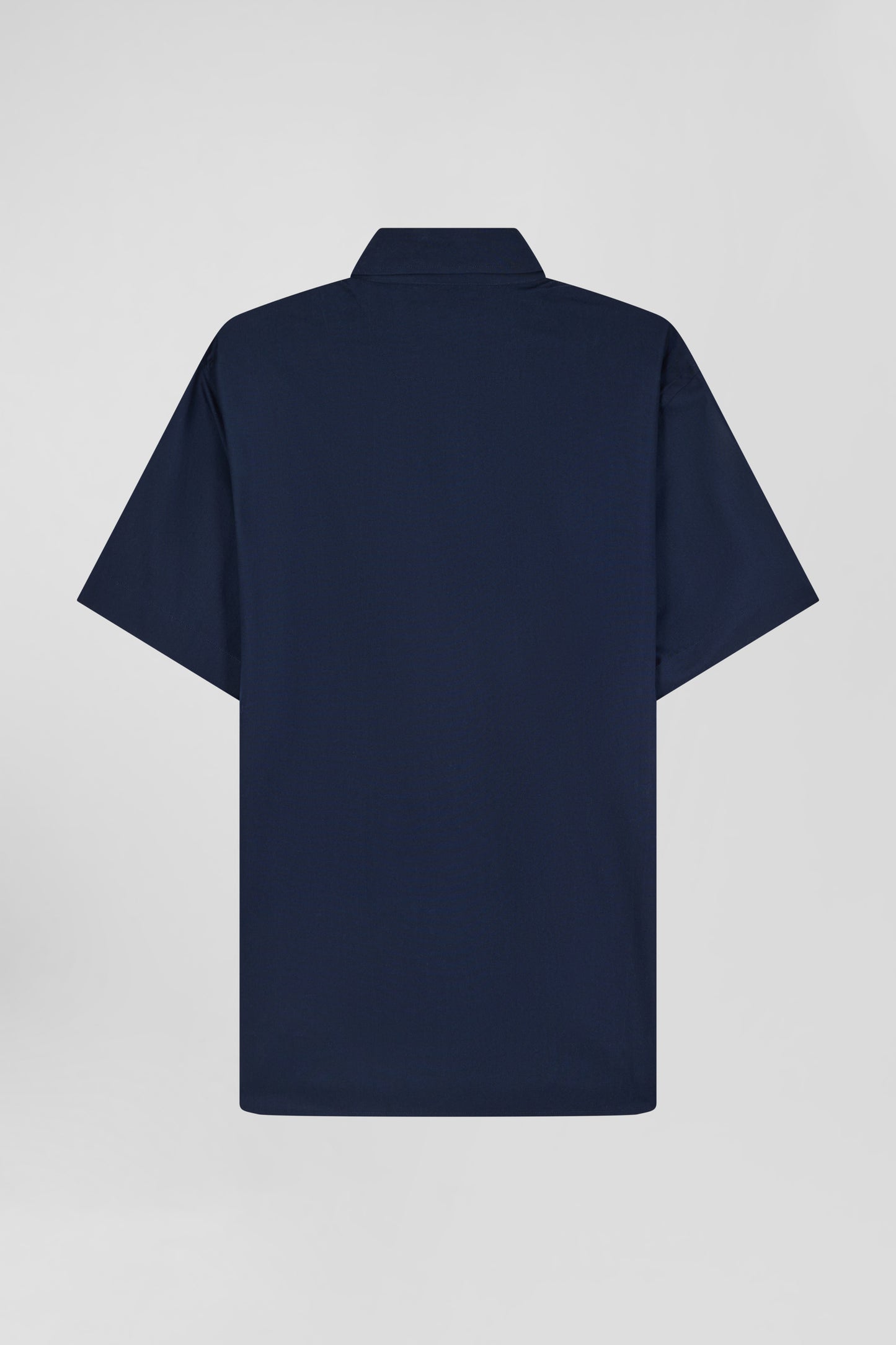 Regular navy blue cotton poplin short-sleeved shirt with microprint