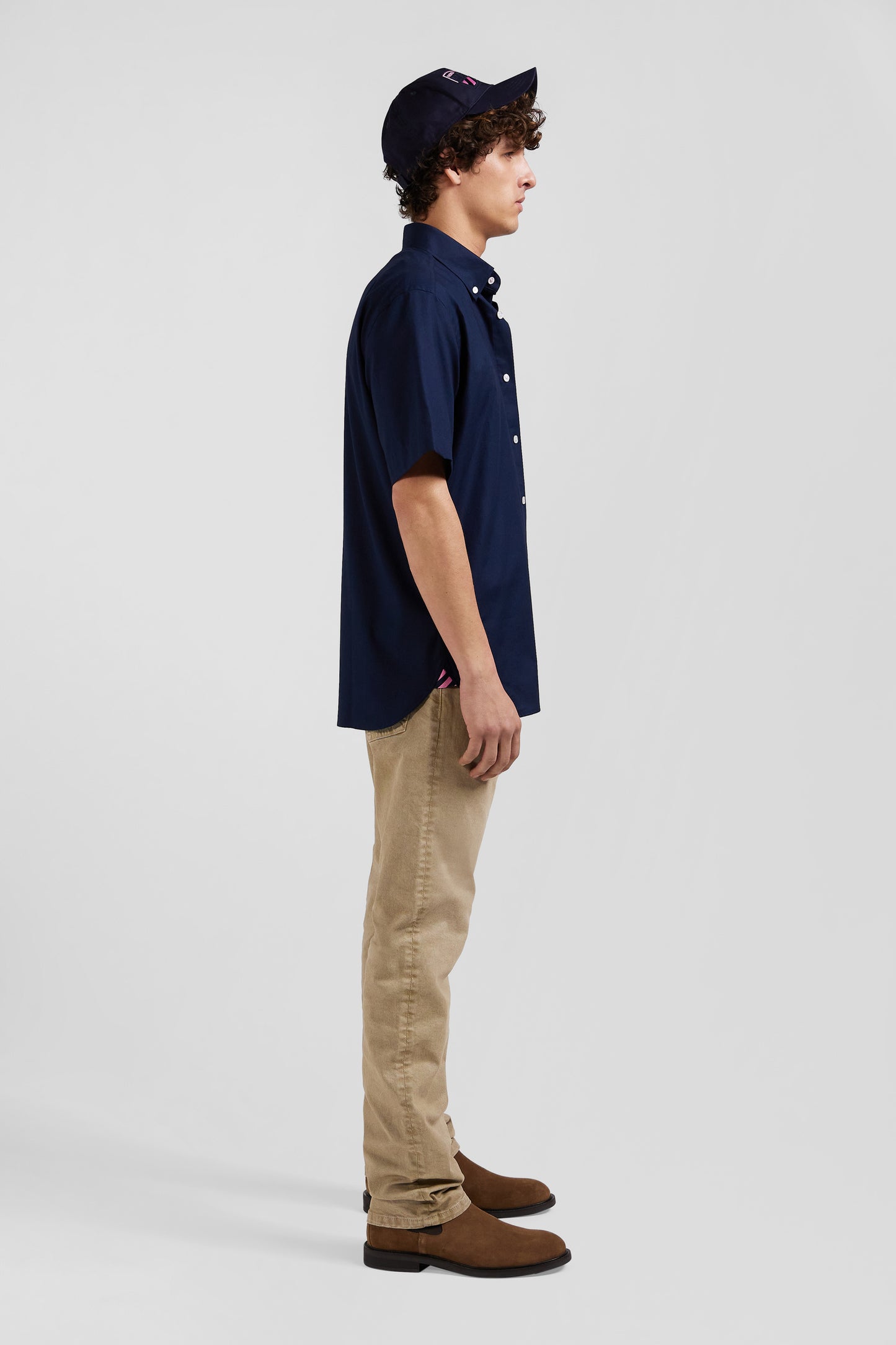 Regular navy blue cotton poplin short-sleeved shirt with microprint