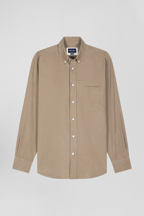 Chemise en velours côtelé uni beige col boutonné et poche poitrine coupe Regular - Image 2