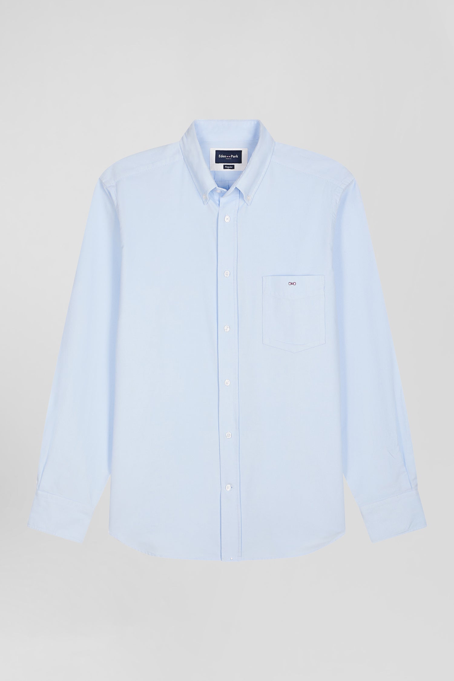 Regular plain sky blue cotton shirt with button-down collar and chest pocket