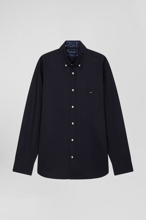 Regular navy blue cotton poplin shirt with button-down collar and printed elbow patches - Image 2