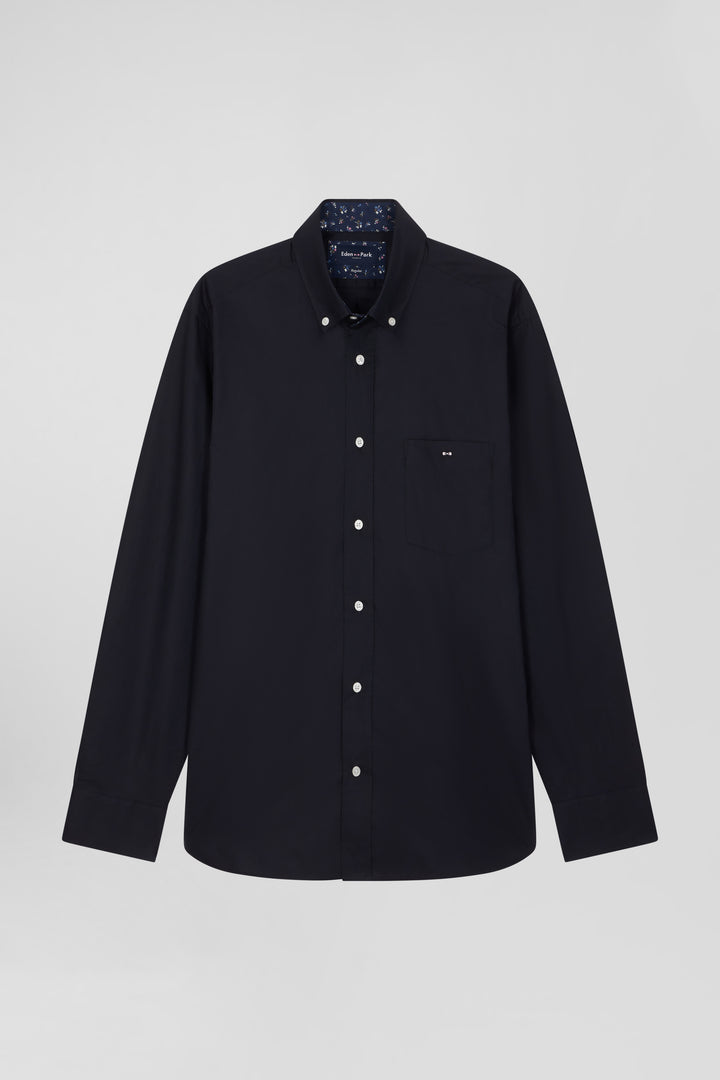 Chemise en popeline de coton bleu marine col boutonné et coudières imprimées coupe Regular