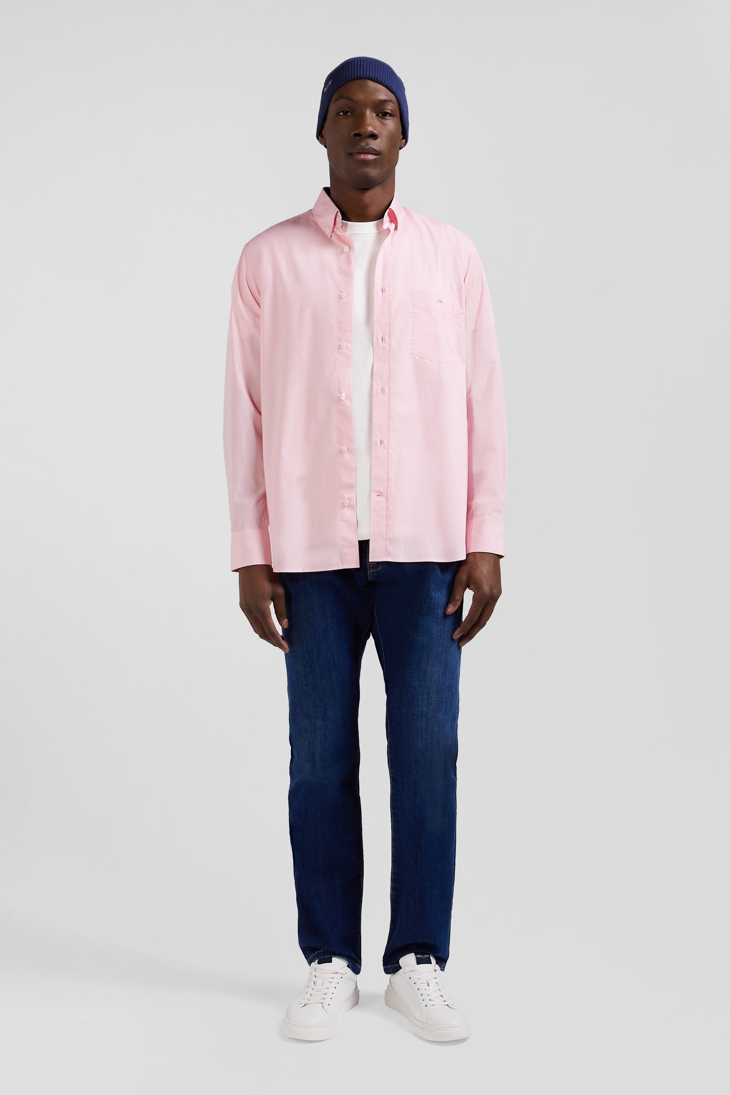 Chemise en popeline de coton rose col boutonné et coudières imprimées coupe Regular