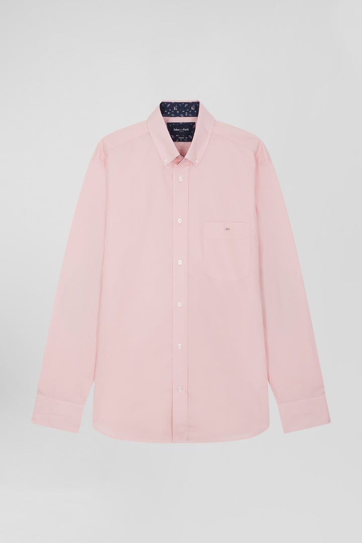 Chemise en popeline de coton rose col boutonné et coudières imprimées coupe Regular