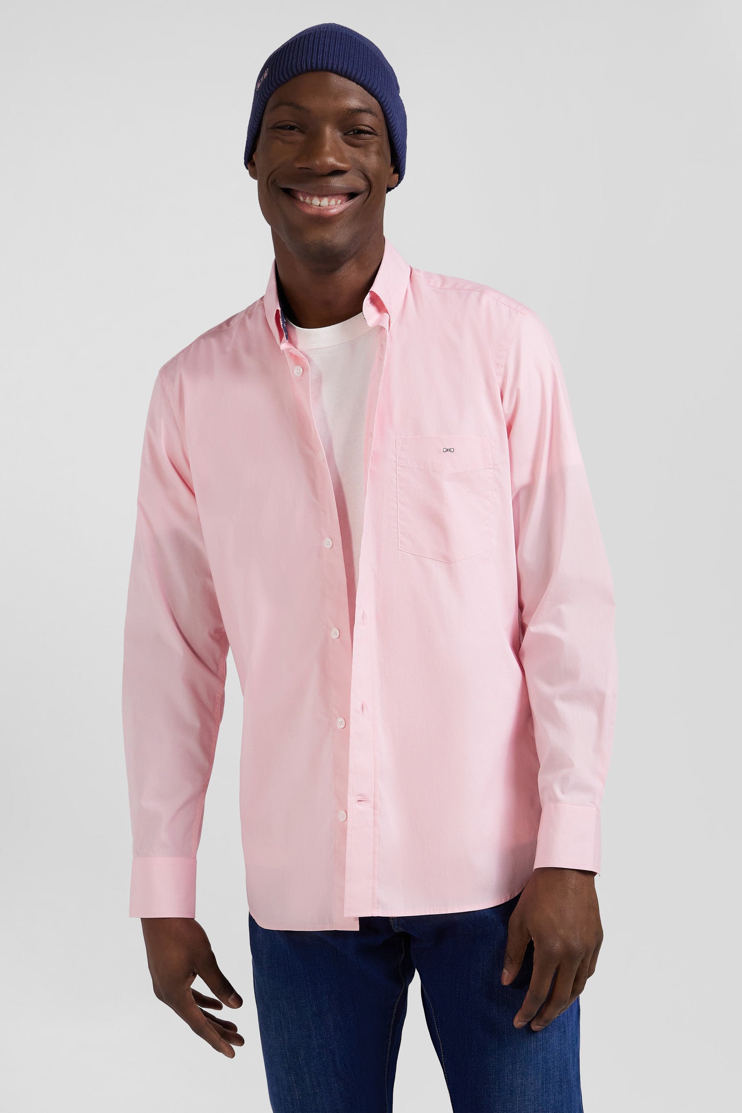 Chemise en popeline de coton rose col boutonné et coudières imprimées coupe Regular