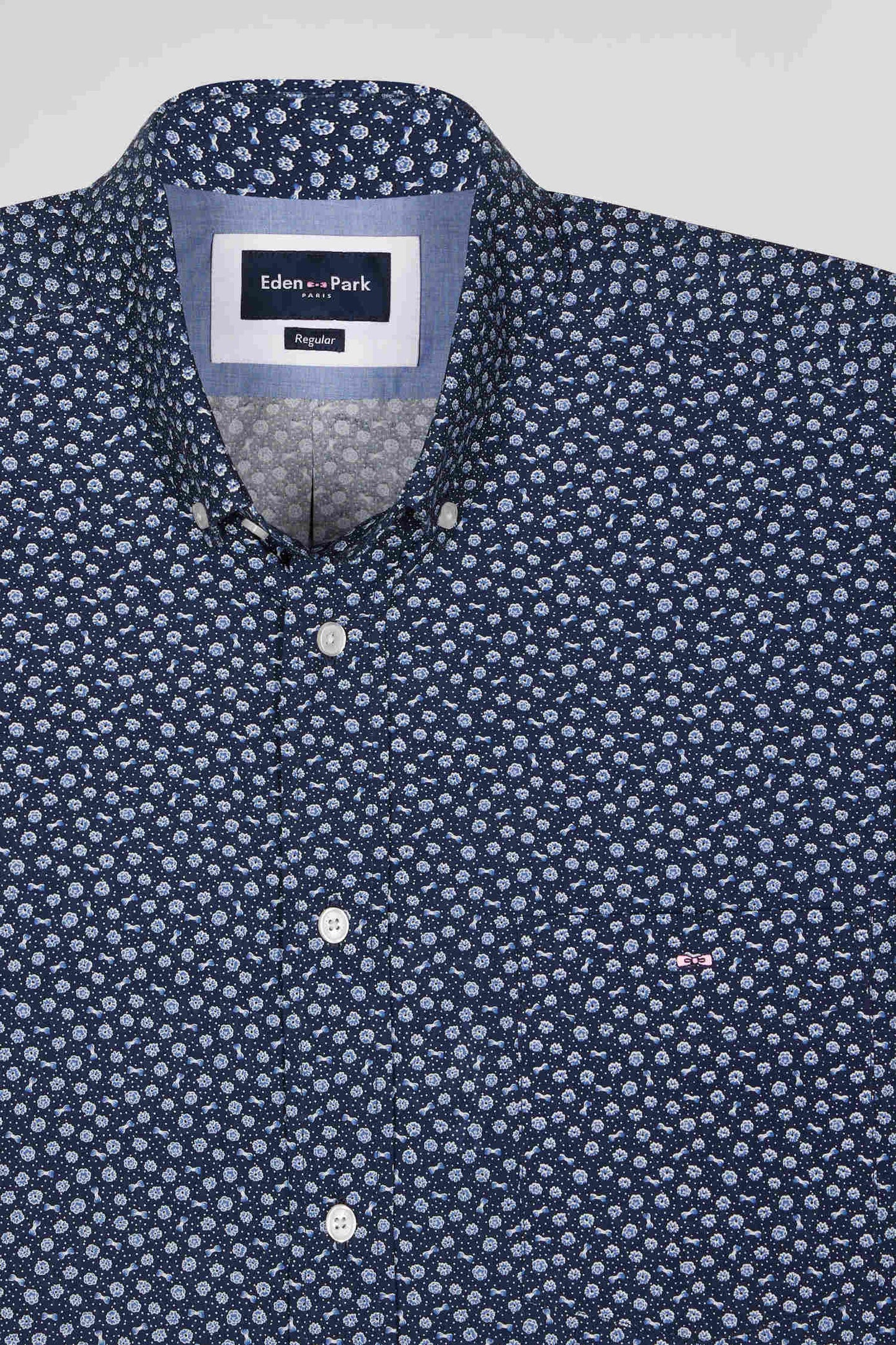 Chemise en popeline de coton bleu marine à microimprimé floral coupe Regular