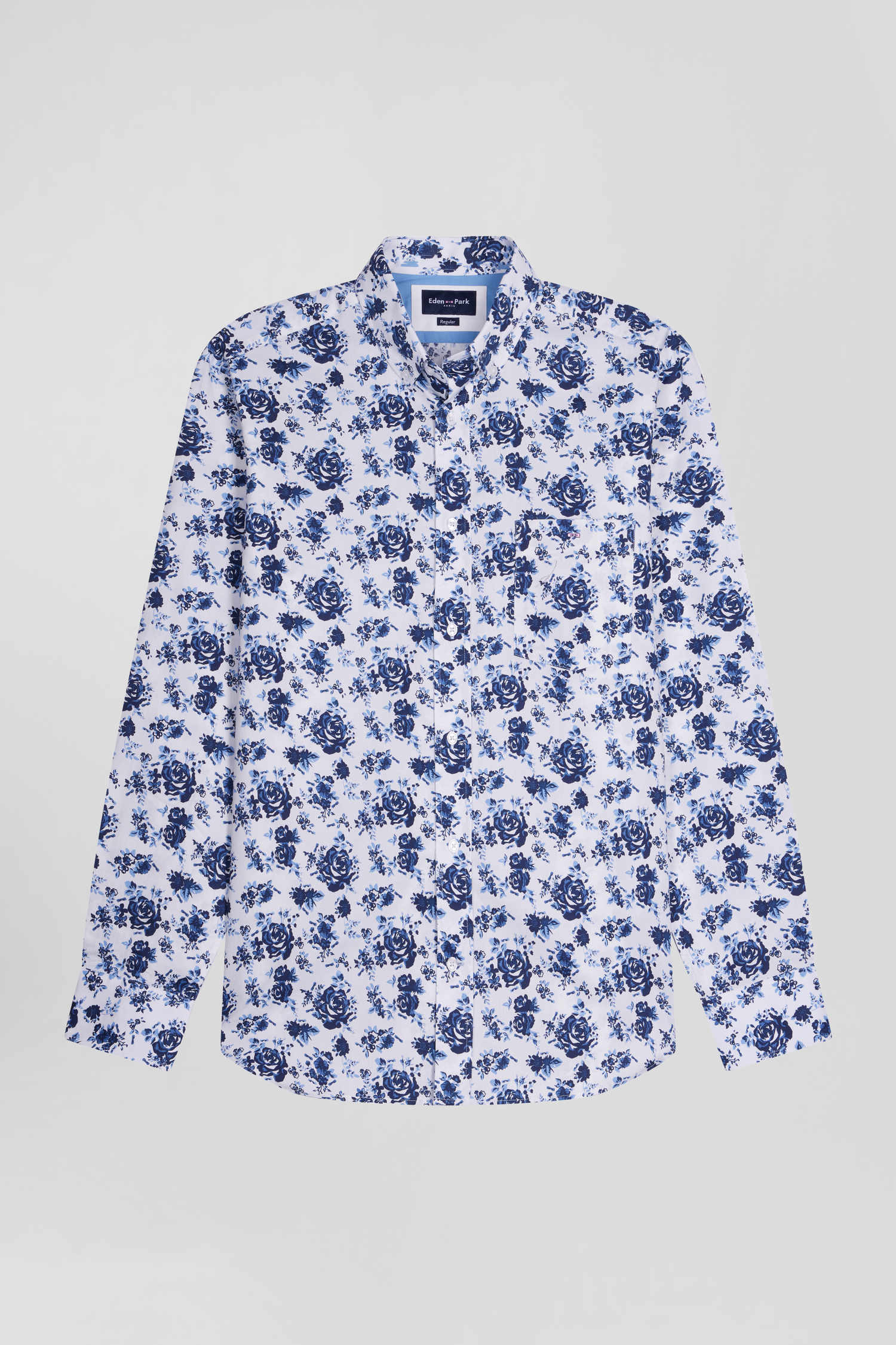 Chemise en twill de coton blanche imprimé floral bleu coupe Regular