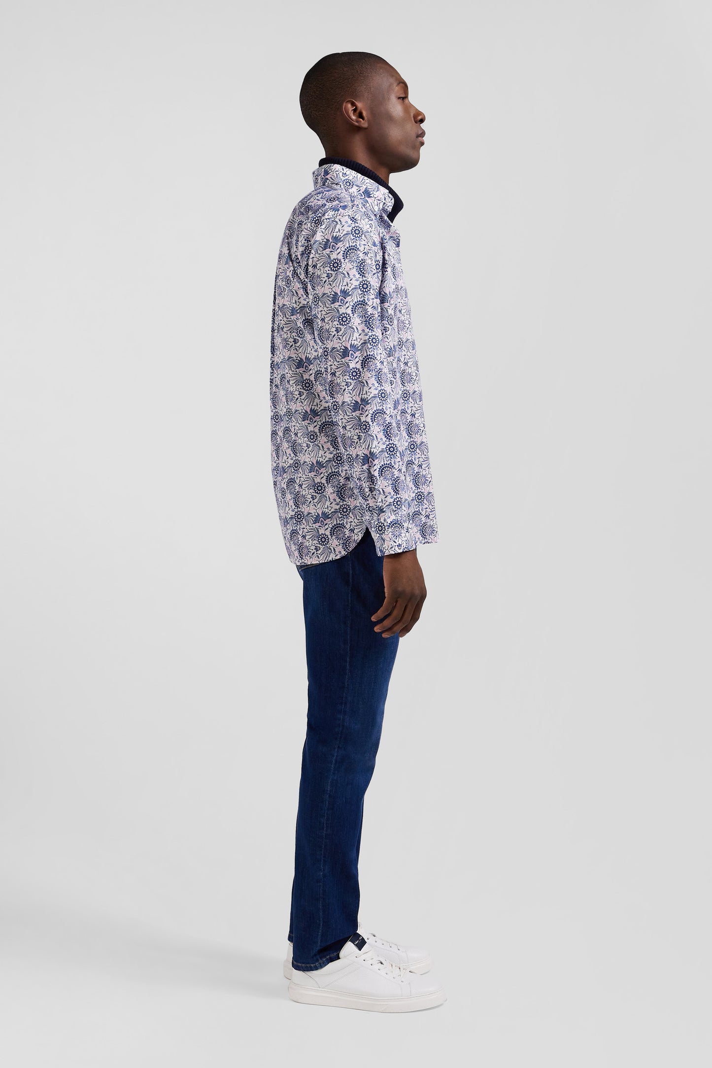 Regular ecru and blue cotton shirt with graphic print
