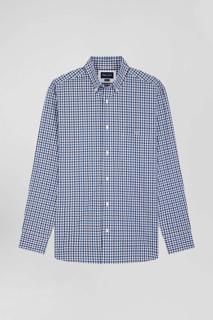 Chemise en popeline de coton bleu marine à carreaux bicolore coupe Regular