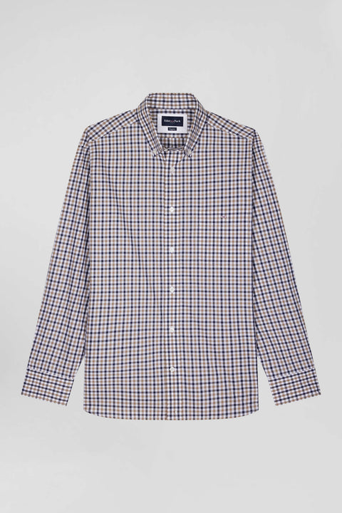 Regular brown and white checked cotton poplin shirt - Image 2