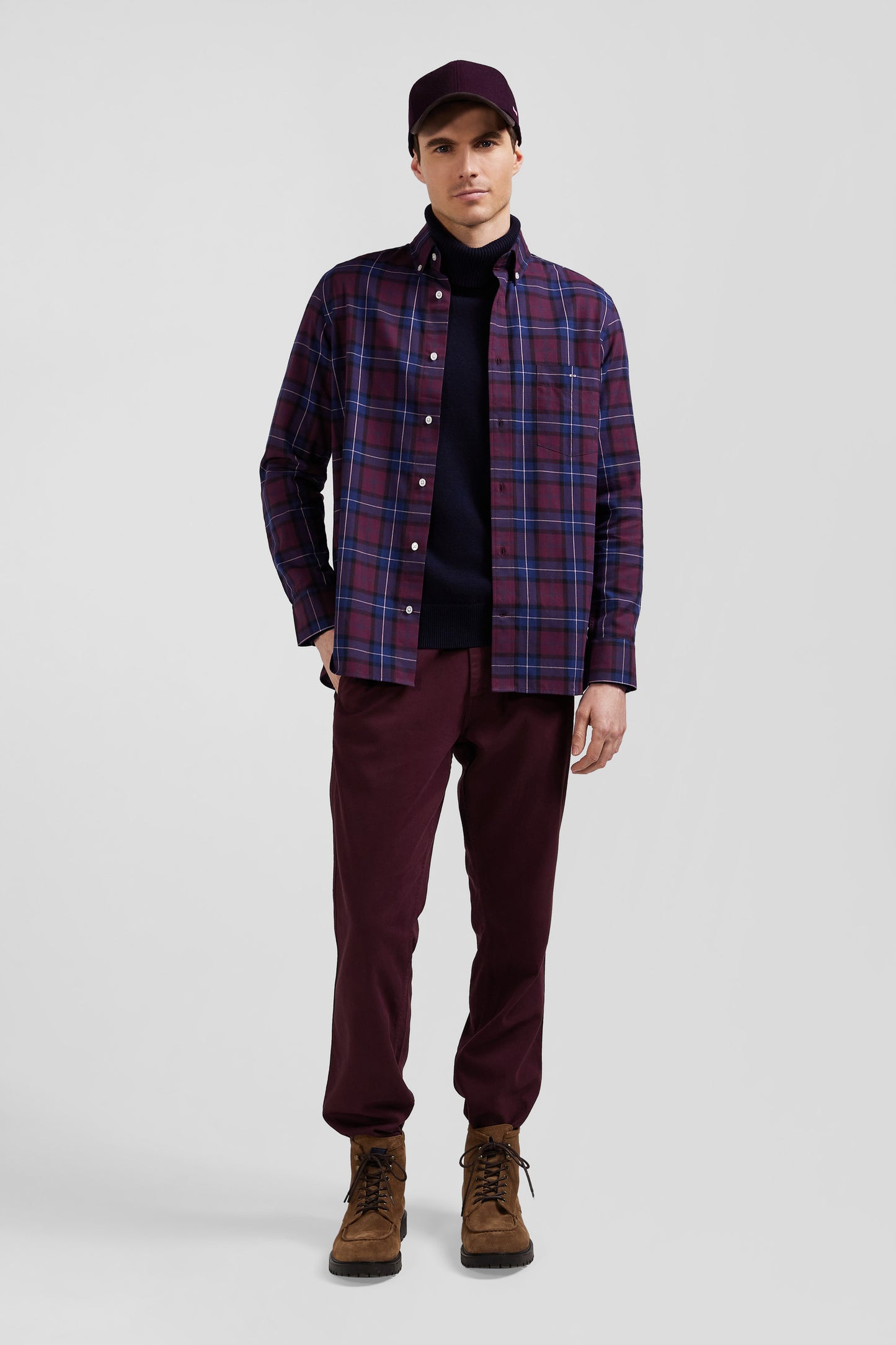 Regular burgundy checked cotton twill shirt