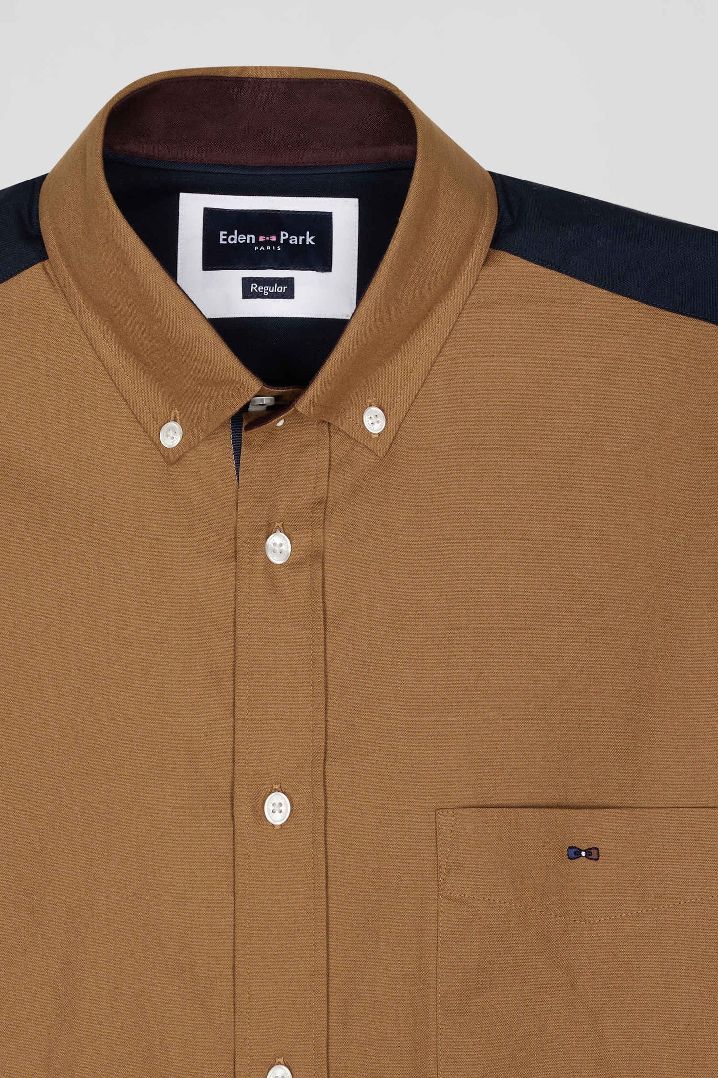 Regular camel pinpoint cotton bicolour shirt with back embroidery