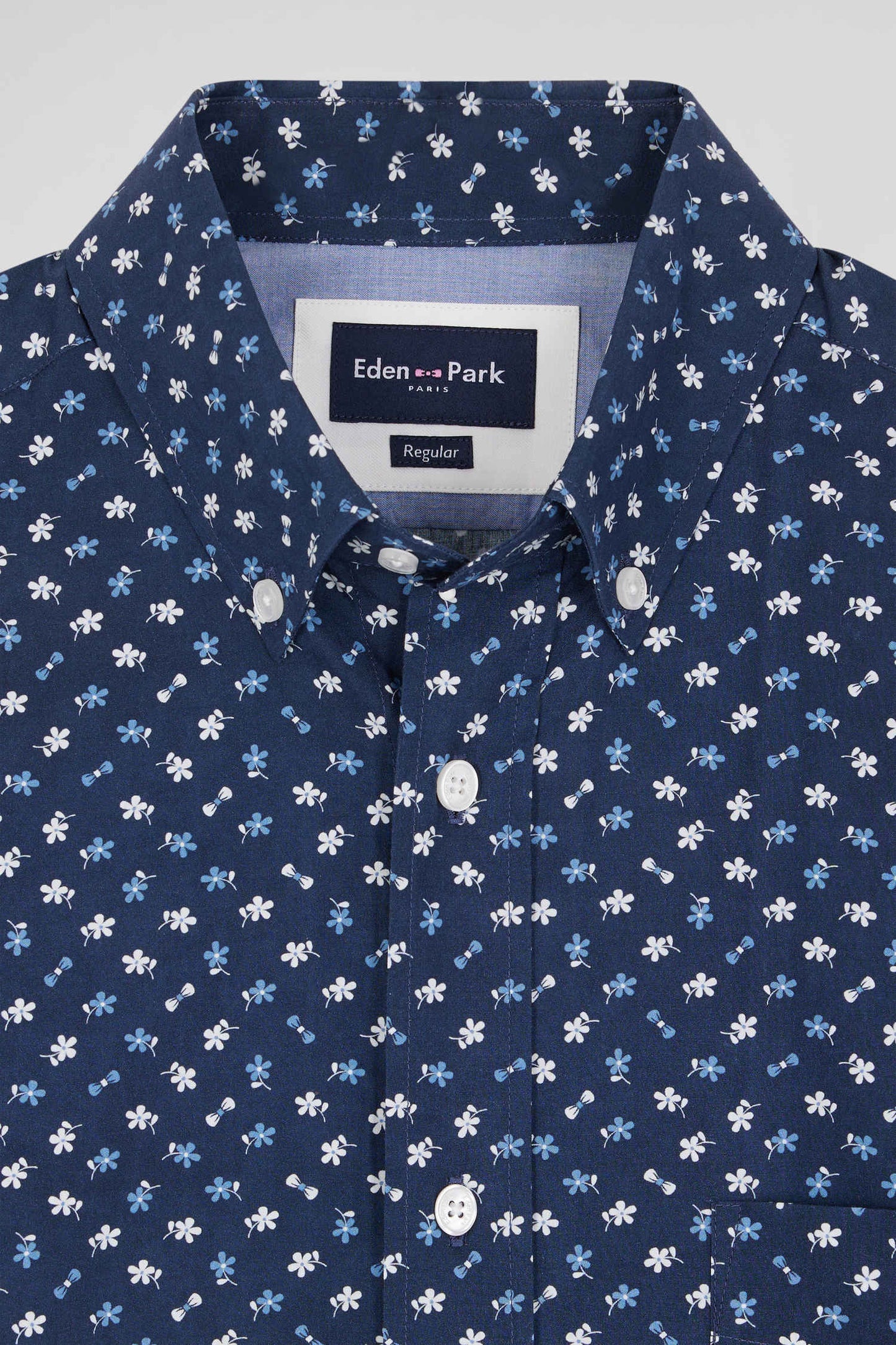 Chemise en popeline de coton bleu marine microimprimé floral coupe Regular