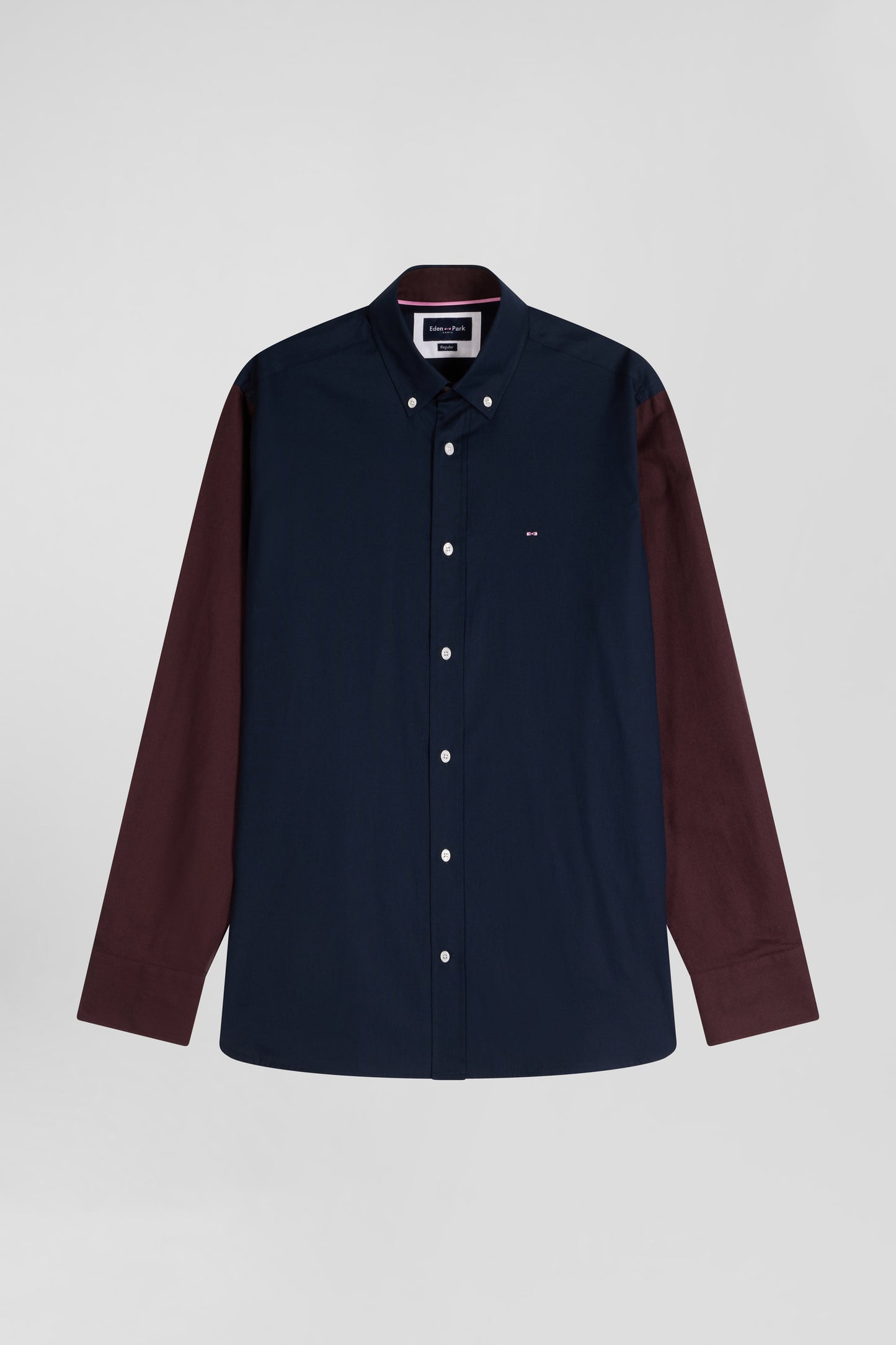 Chemise bicolore en oxford de coton marine et marron brodée coupe Regular