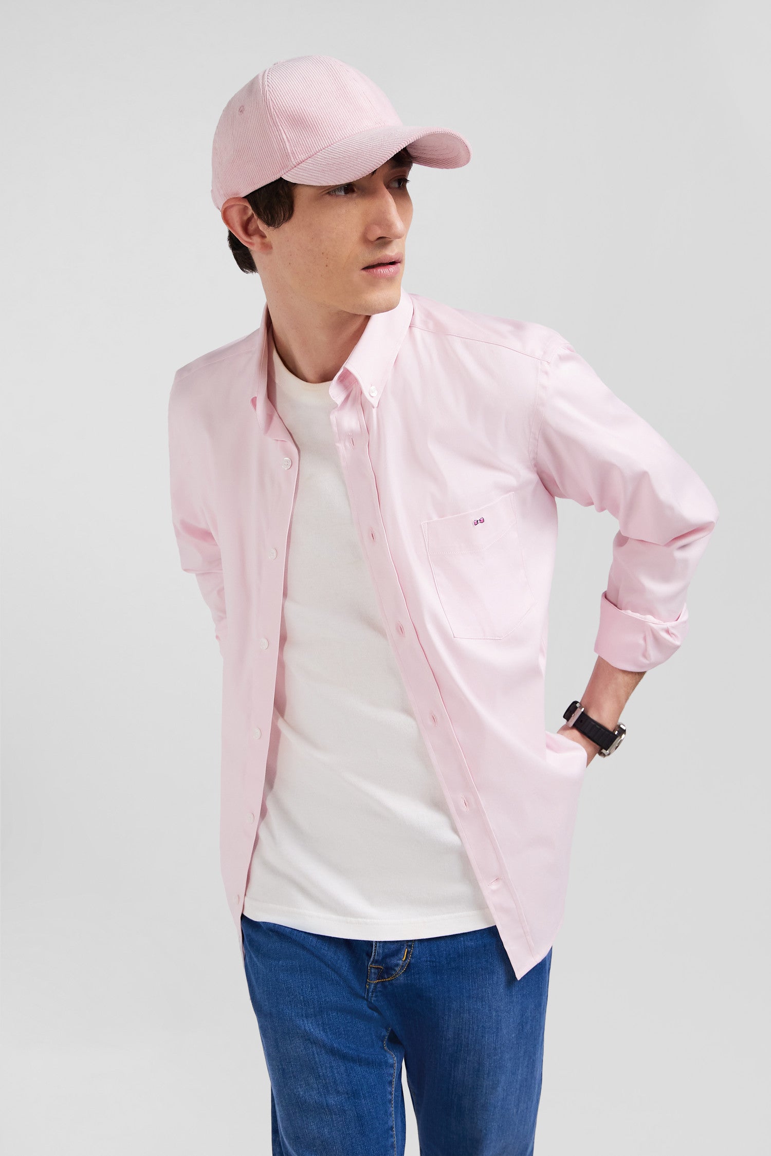 Regular plain pink mixed stretch cotton shirt