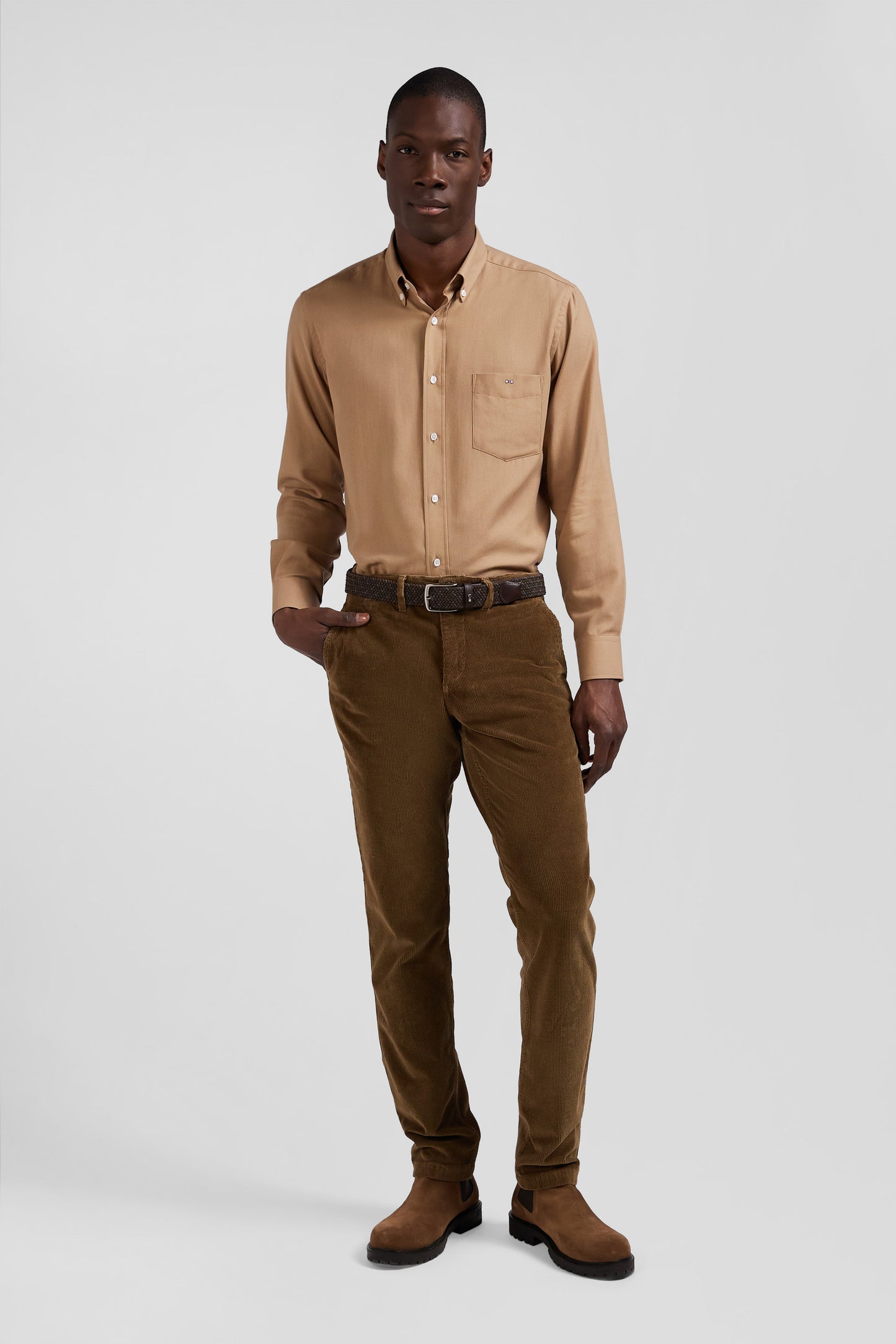 Regular camel cotton and cashmere twill shirt