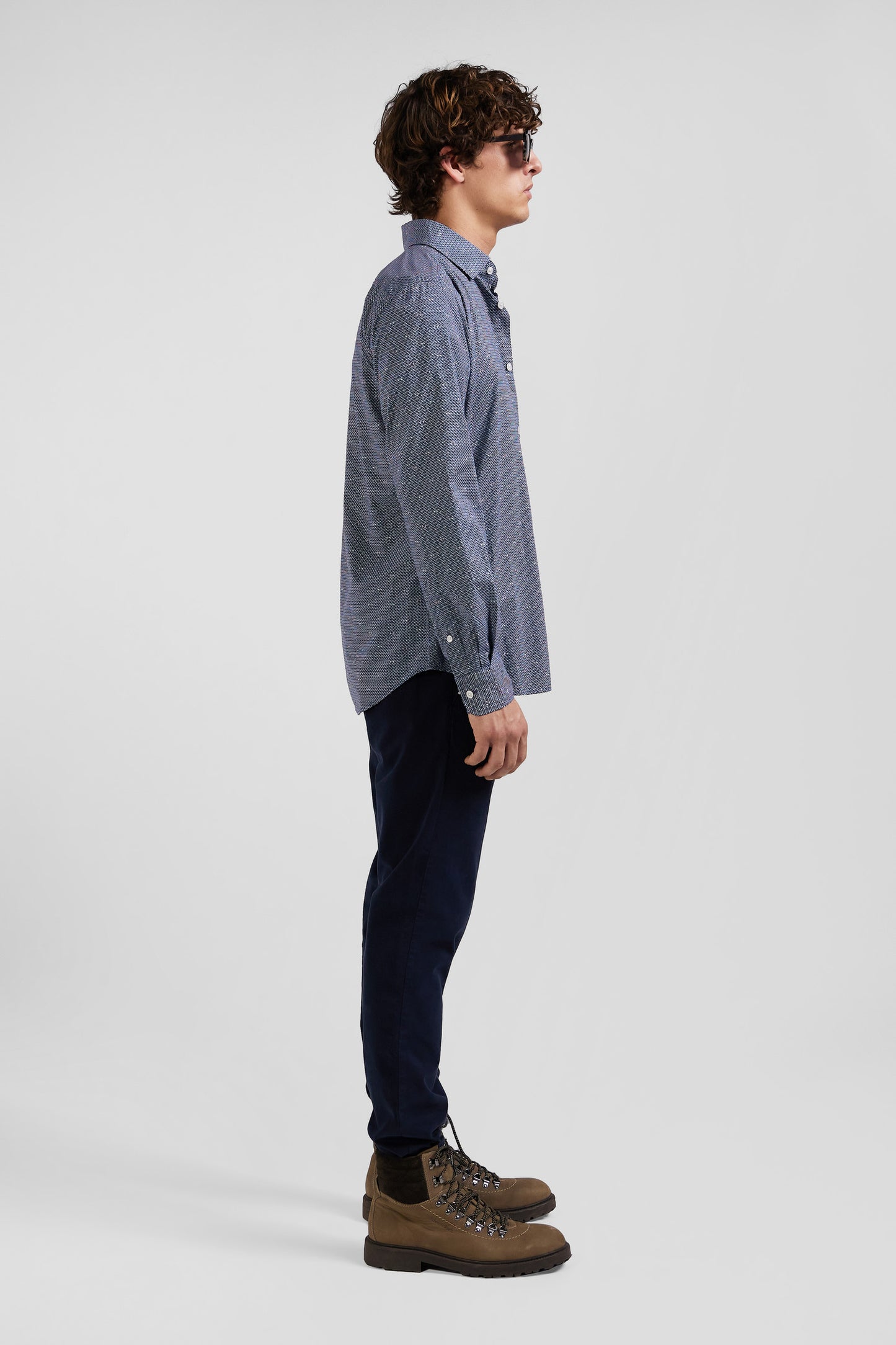 Chemise à micro-motifs en coton bleu marine coupe Slim