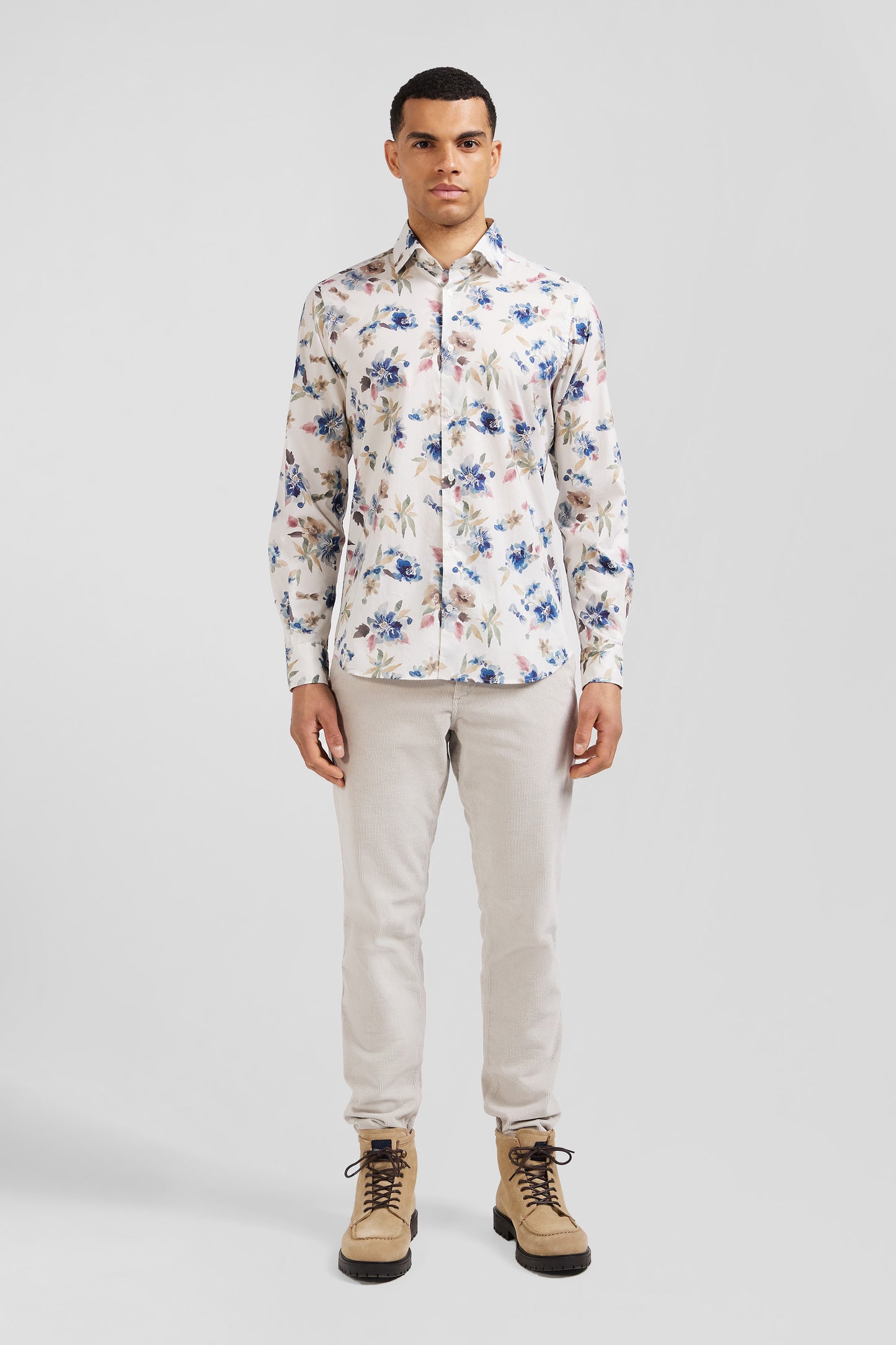 Chemise en coton à imprimé floral écru coupe Slim