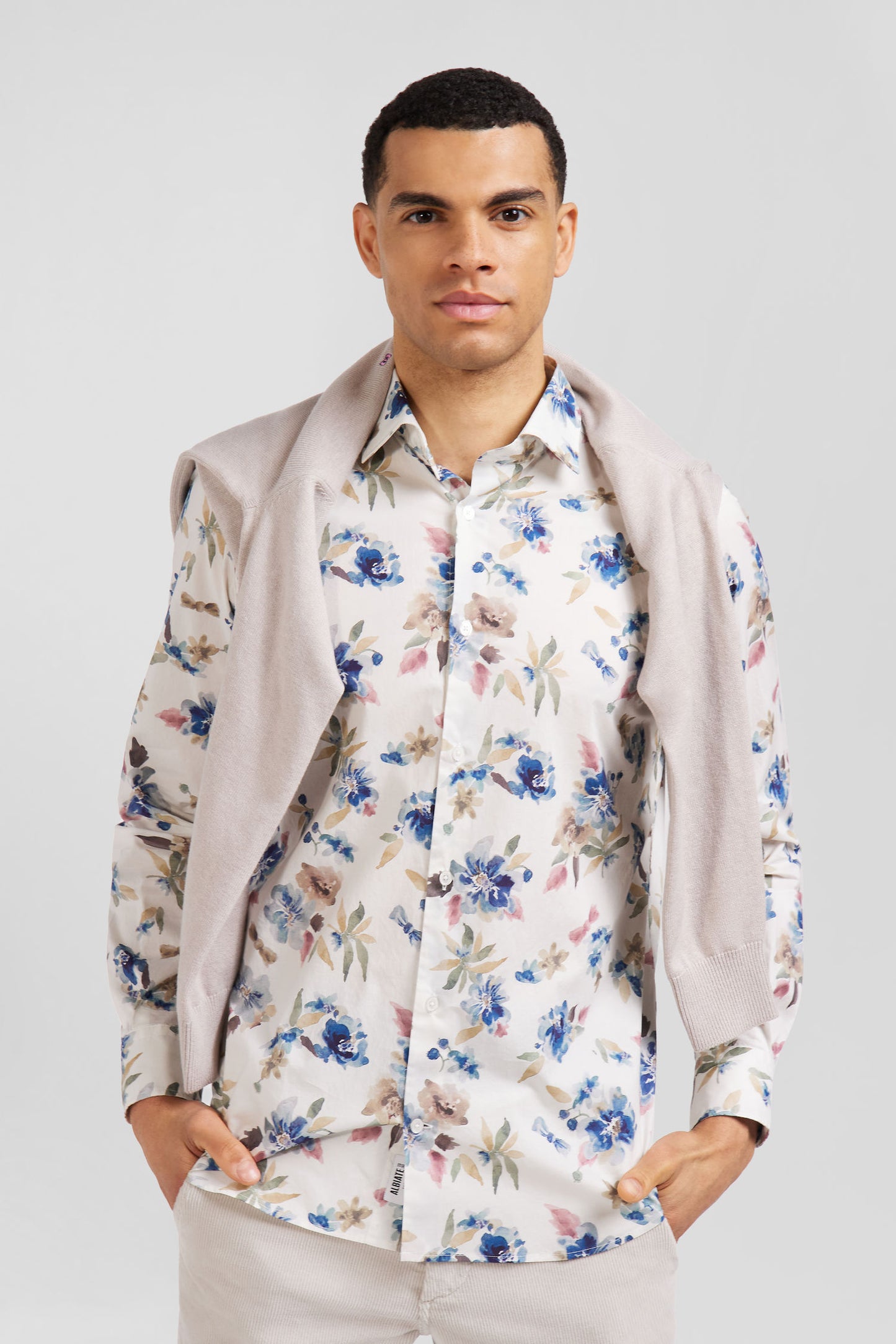 Chemise en coton à imprimé floral écru coupe Slim