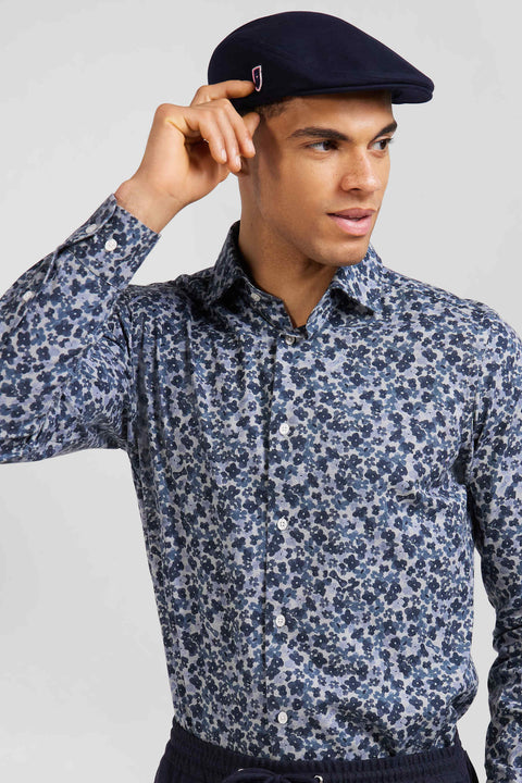 Chemise en popeline de coton grise microimprimé fleurs coupe Slim - Image 3