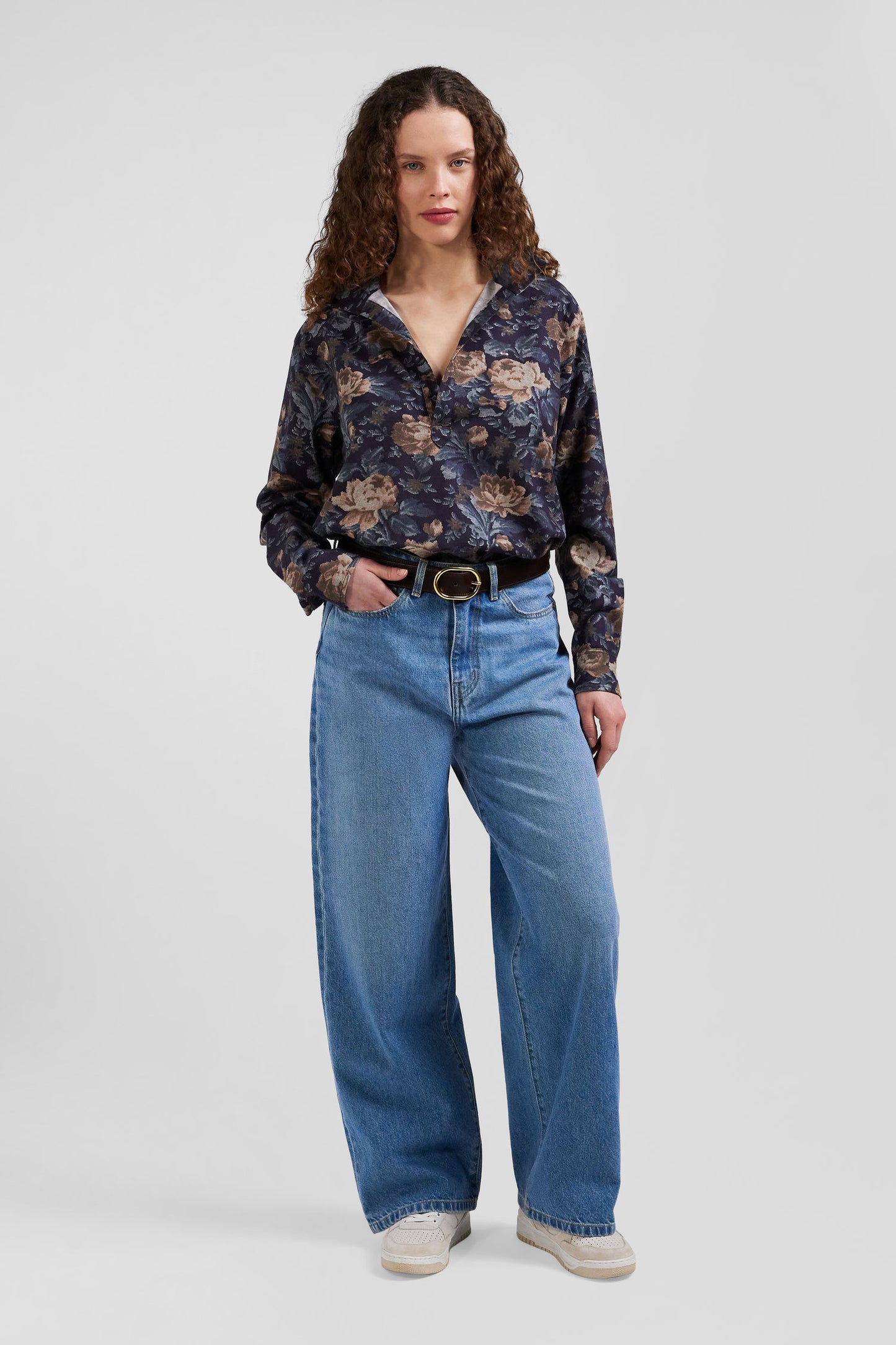 Chemise en flanelle de coton bleu marine imprimé floral coupe Relaxed