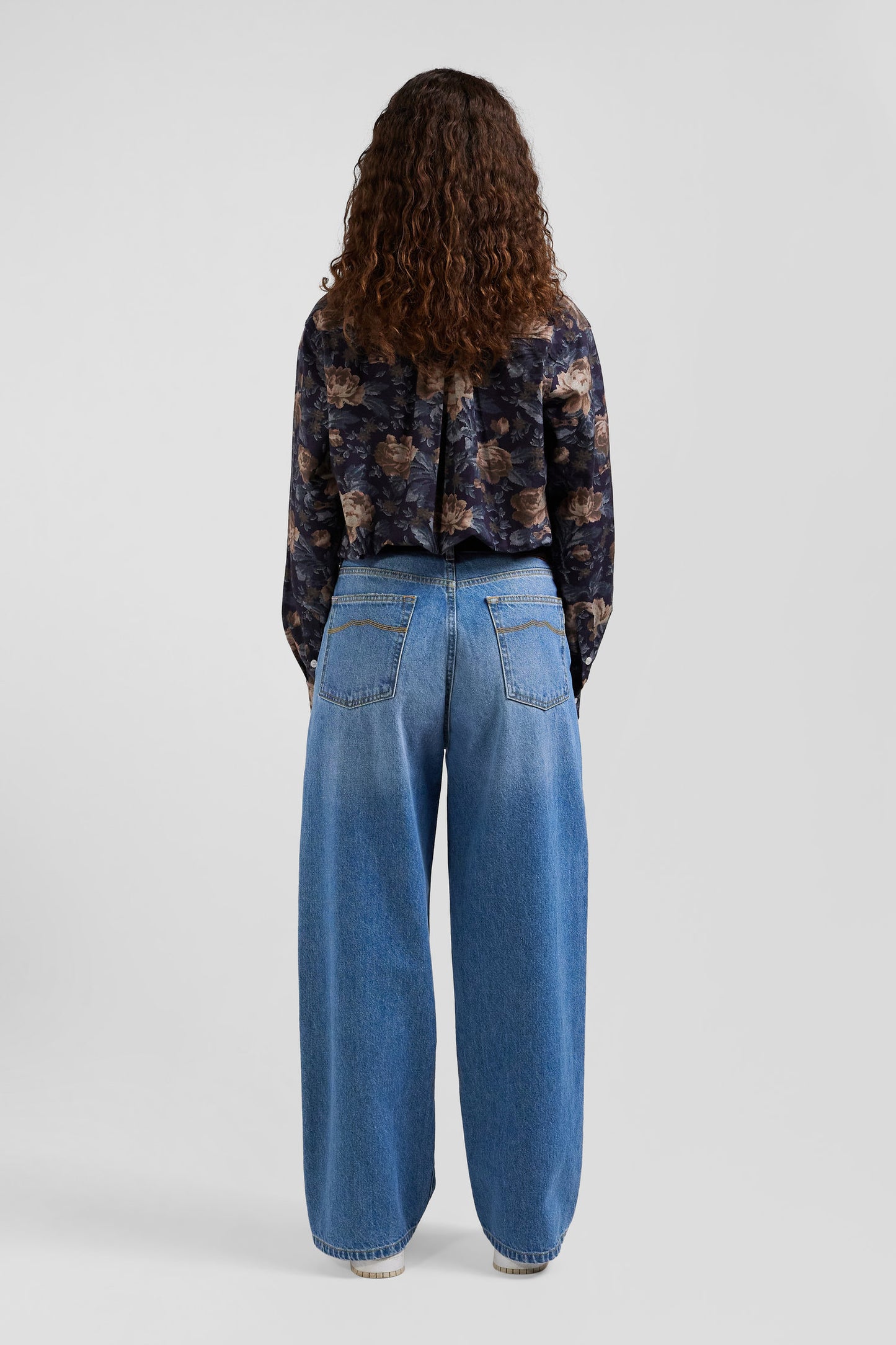 Chemise en flanelle de coton bleu marine imprimé floral coupe Relaxed