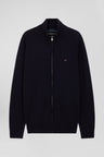 Regular navy blue plain wool and cotton zipped cardigan