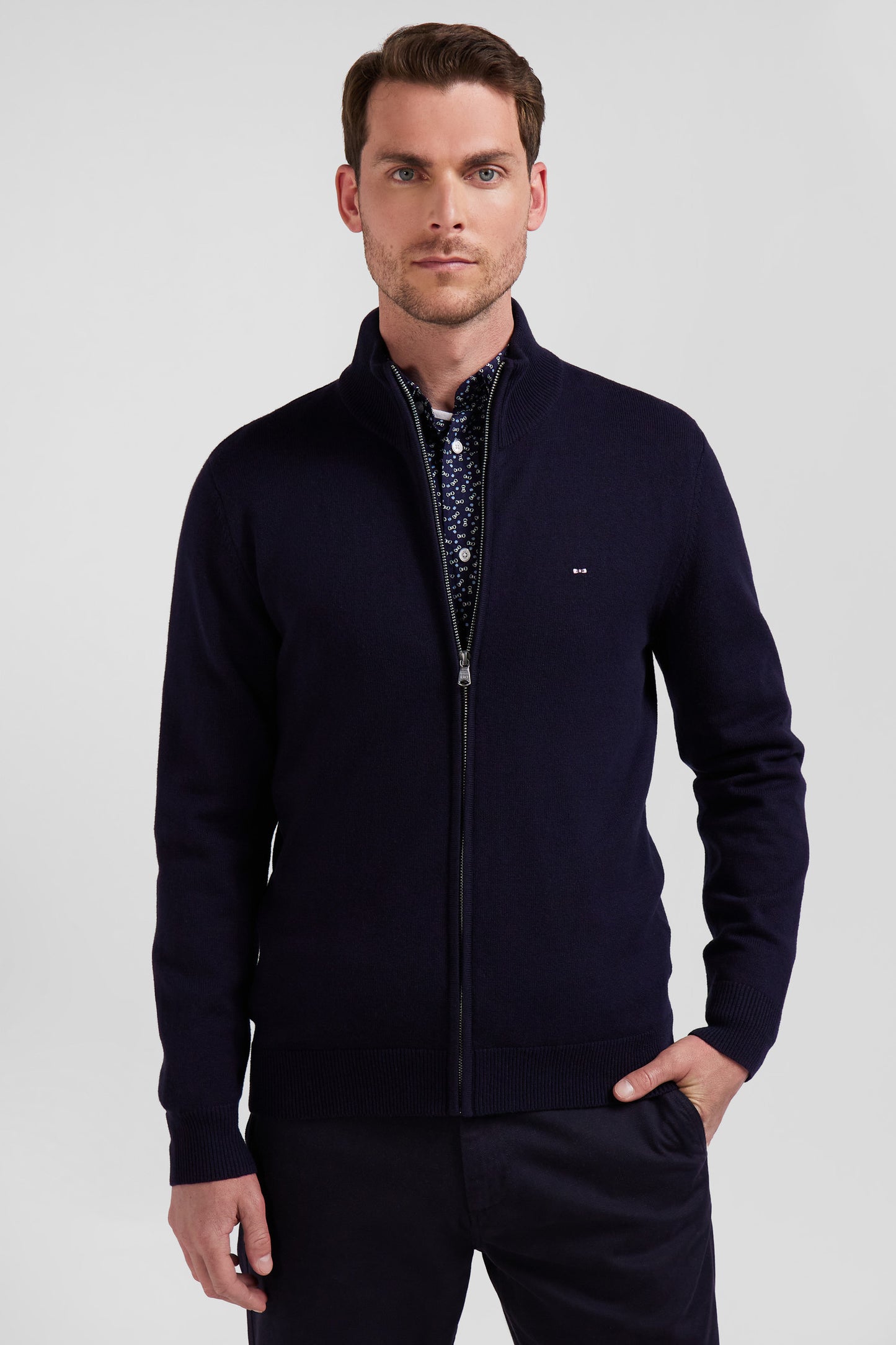 Regular navy blue plain wool and cotton zipped cardigan